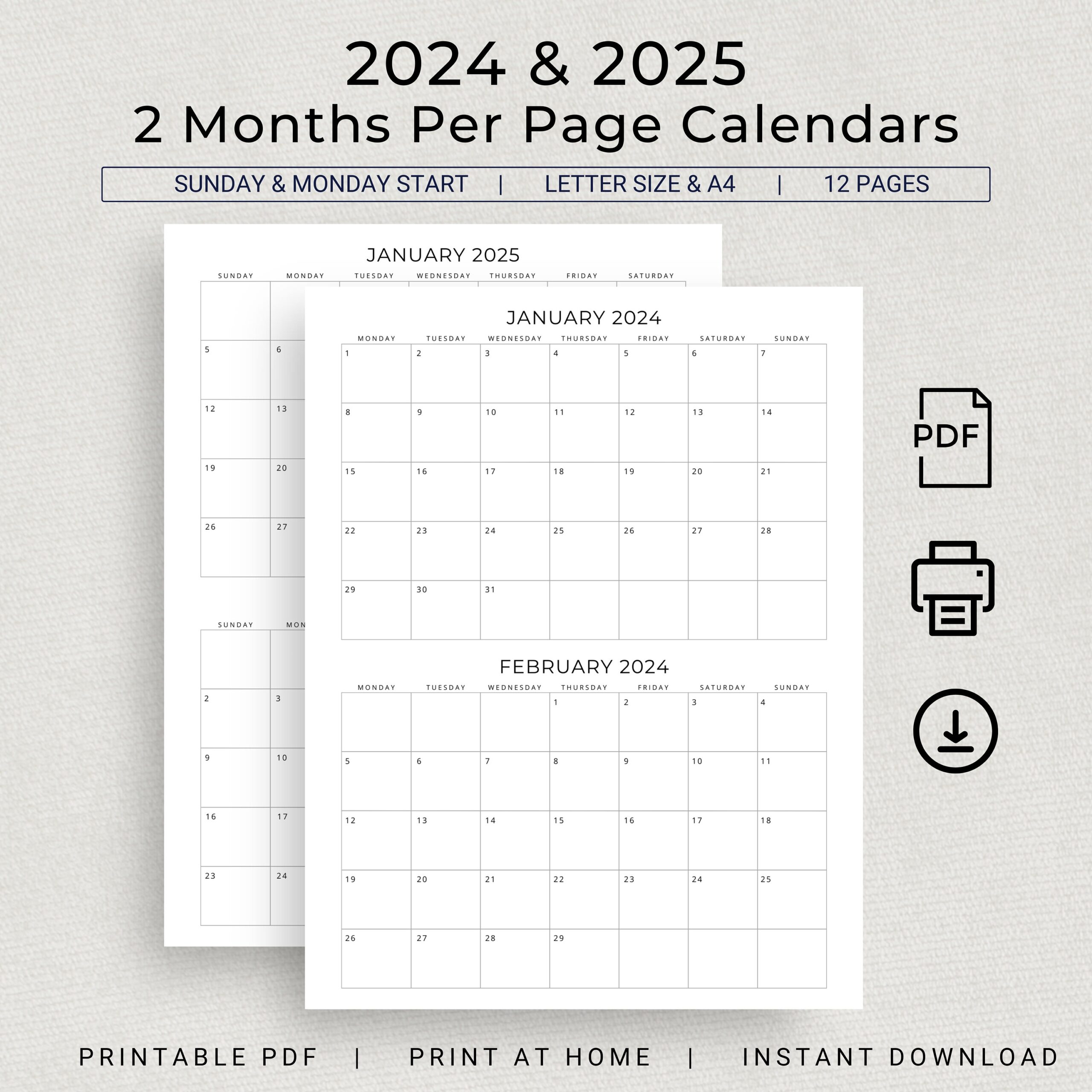 2024 2025 Calendar 2025 2024 Planner 2 Months Per Page Calendar 