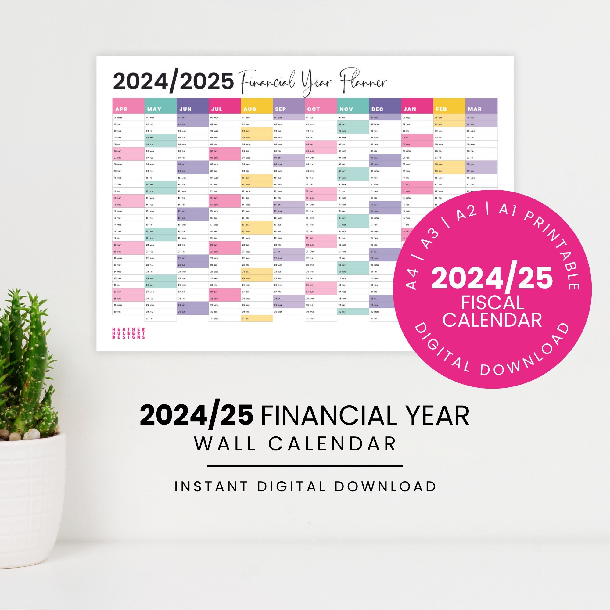 2024 2025 UK Financial Year Wall Calendar Rainbow Printable Year 
