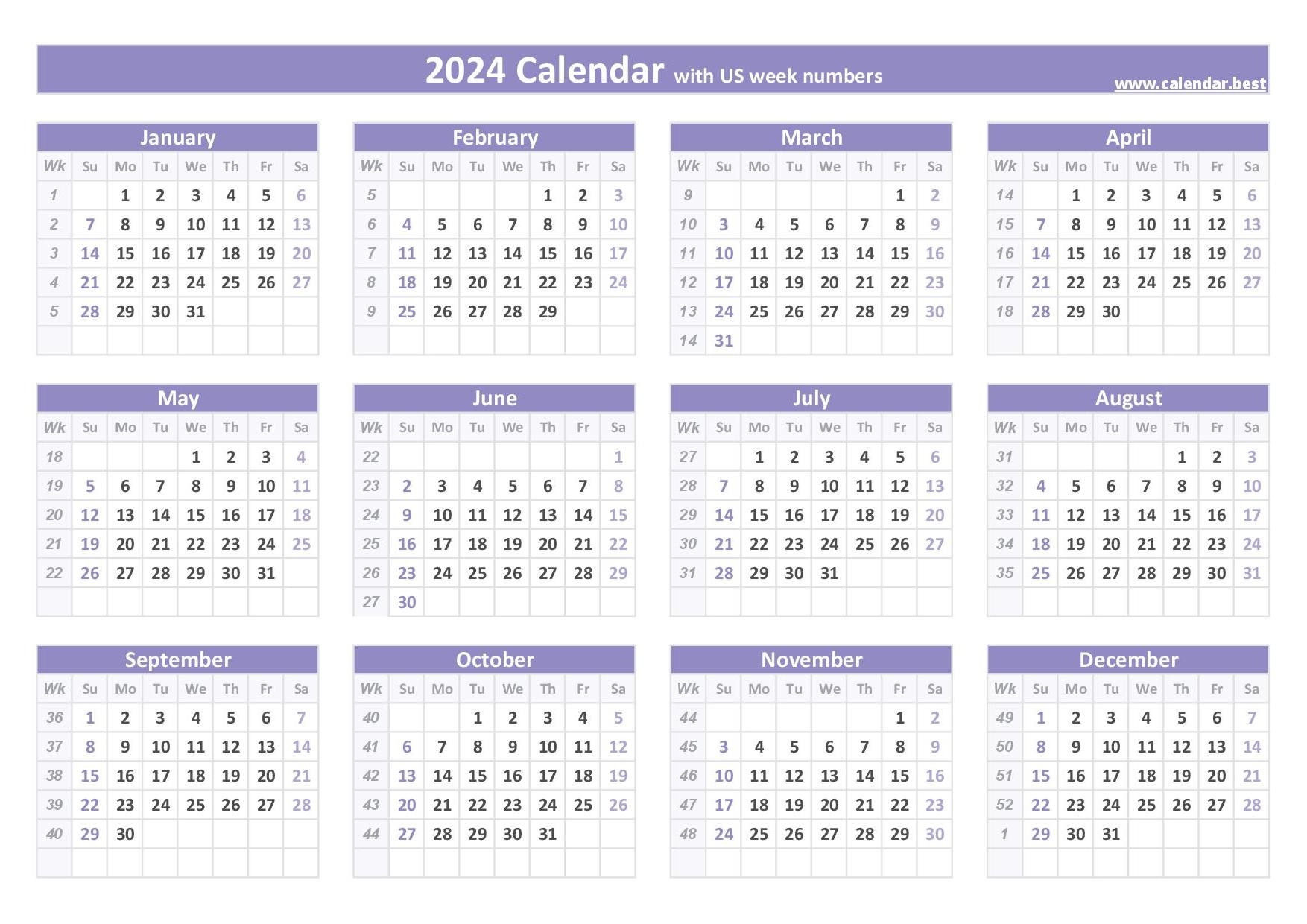 2024 Calendar With Week Numbers US And ISO Week Numbers 