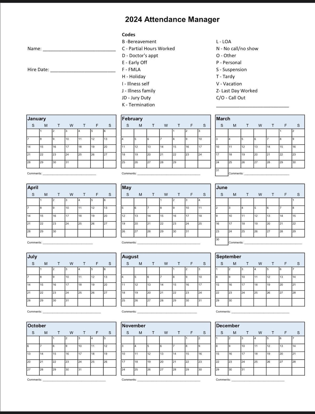 2024 Employee School Attendance Tracker Calendar Employee Vacation Record Home School Attendance Record Small Business PDF Digital Etsy