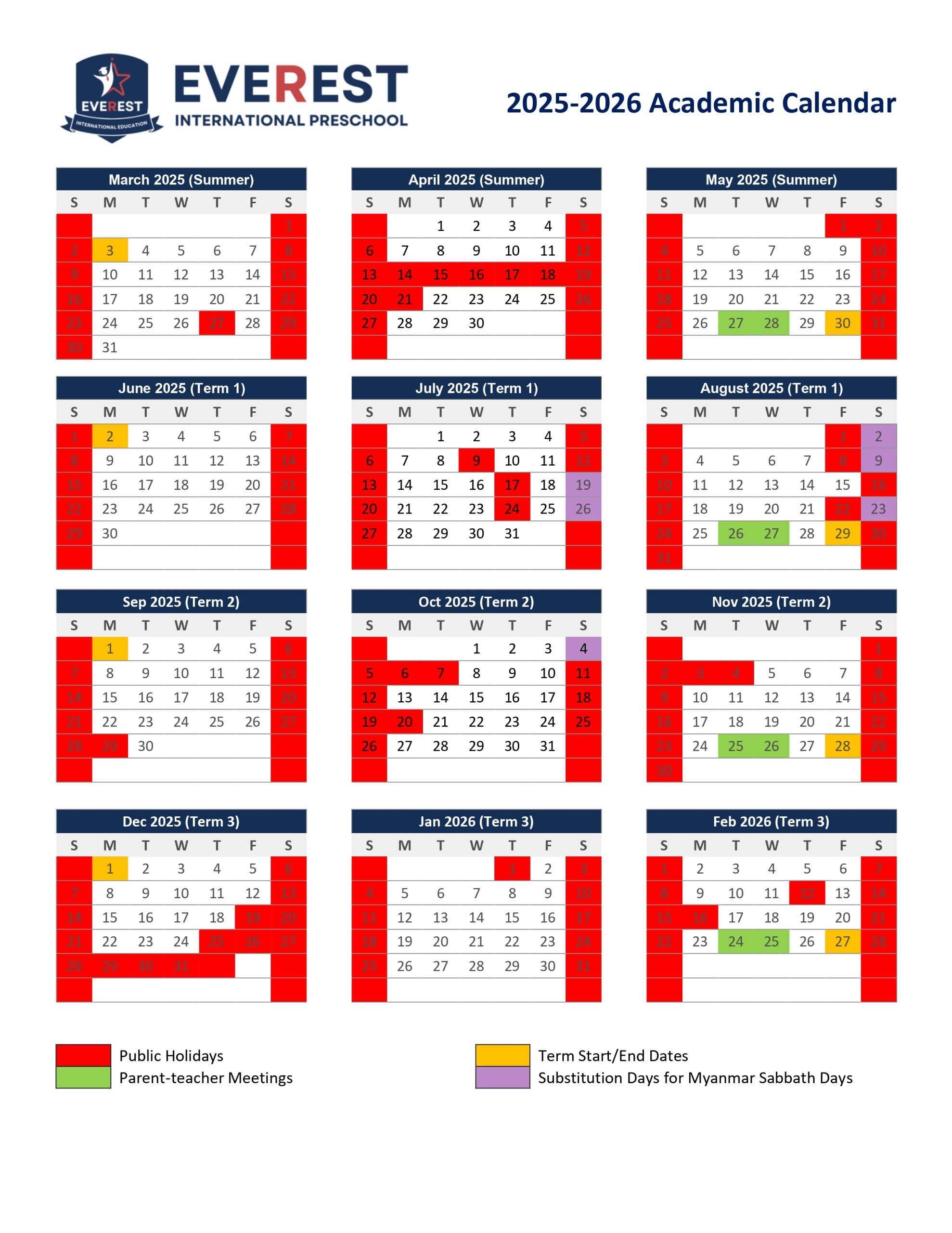 2025 2026 Academic Calendar EVEREST International Preschool