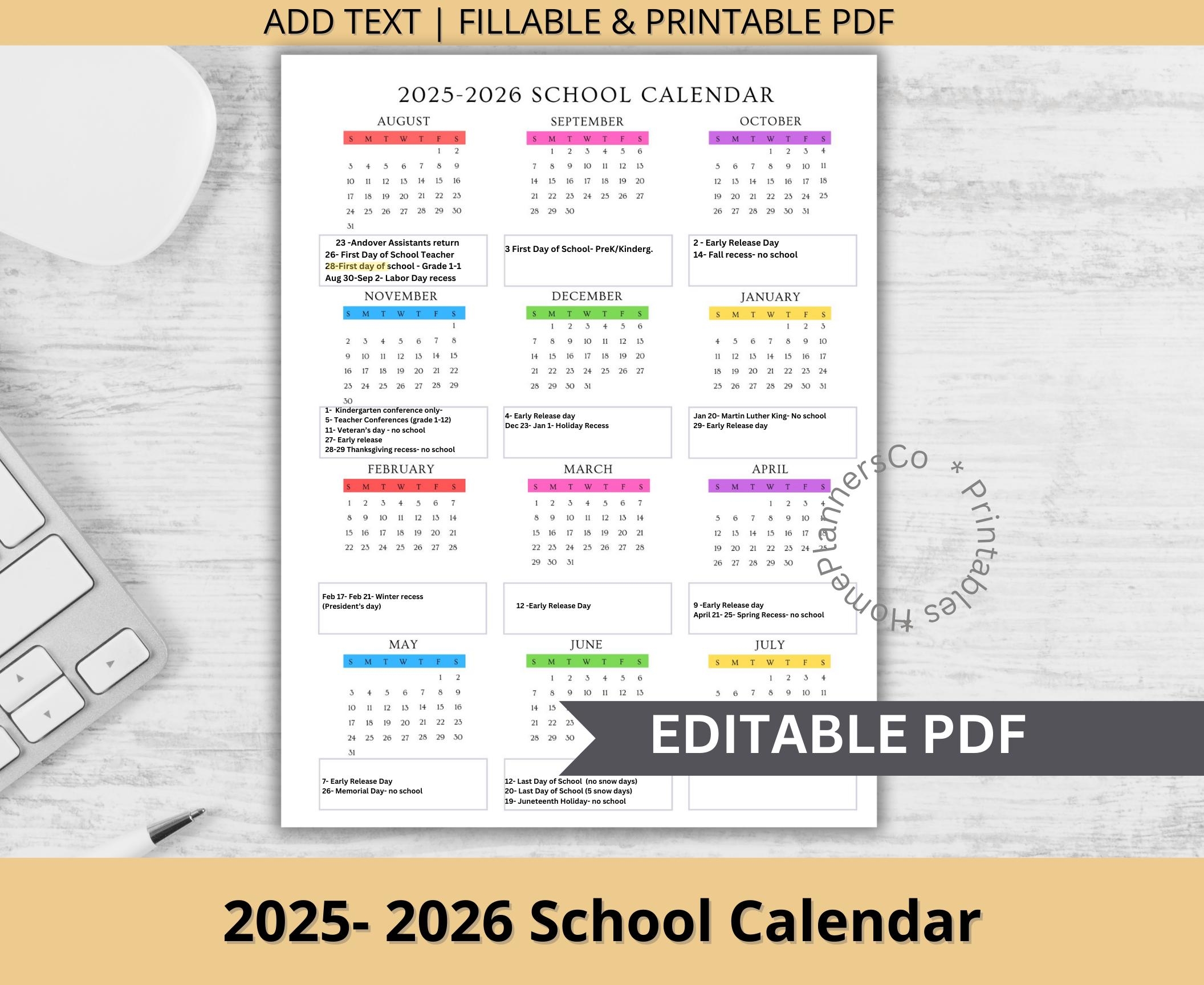 2025 2026 Editable School Calendar Template For School Classroom Teacher Office Preschool Daycare Childcare One Year At A Glance Etsy
