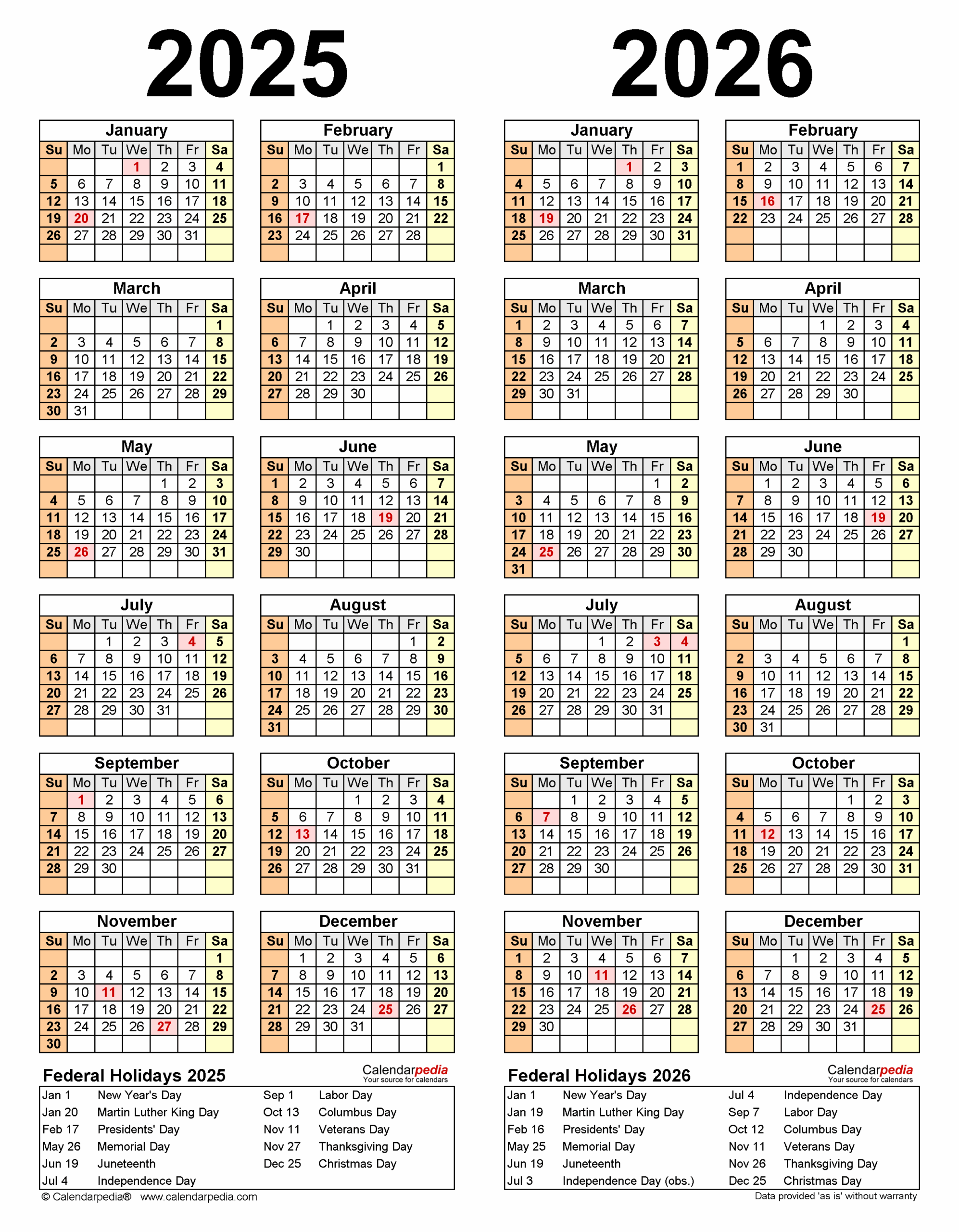 2025 2026 Two Year Calendar Free Printable PDF Templates