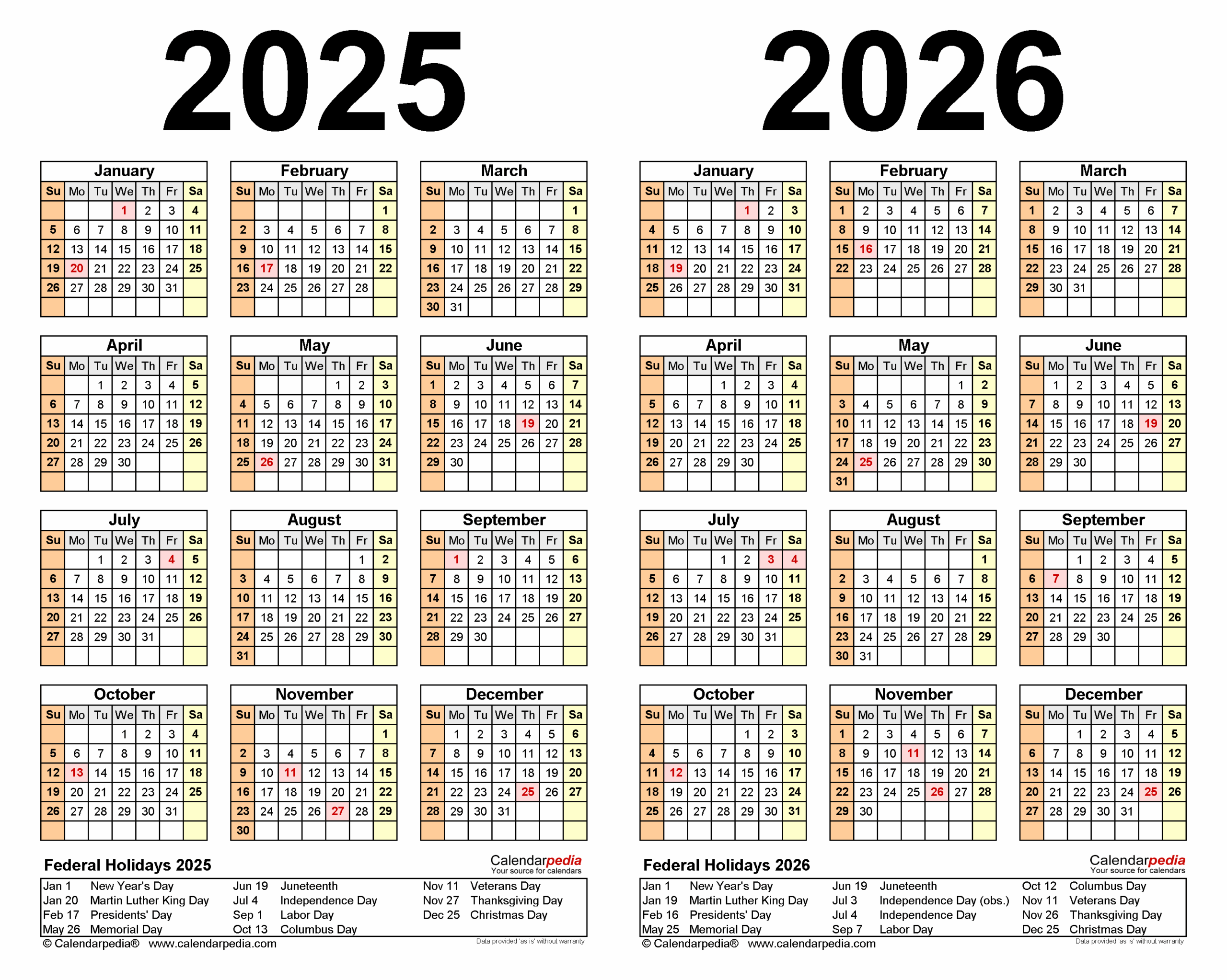 2025 2026 Two Year Calendar Free Printable Word Templates