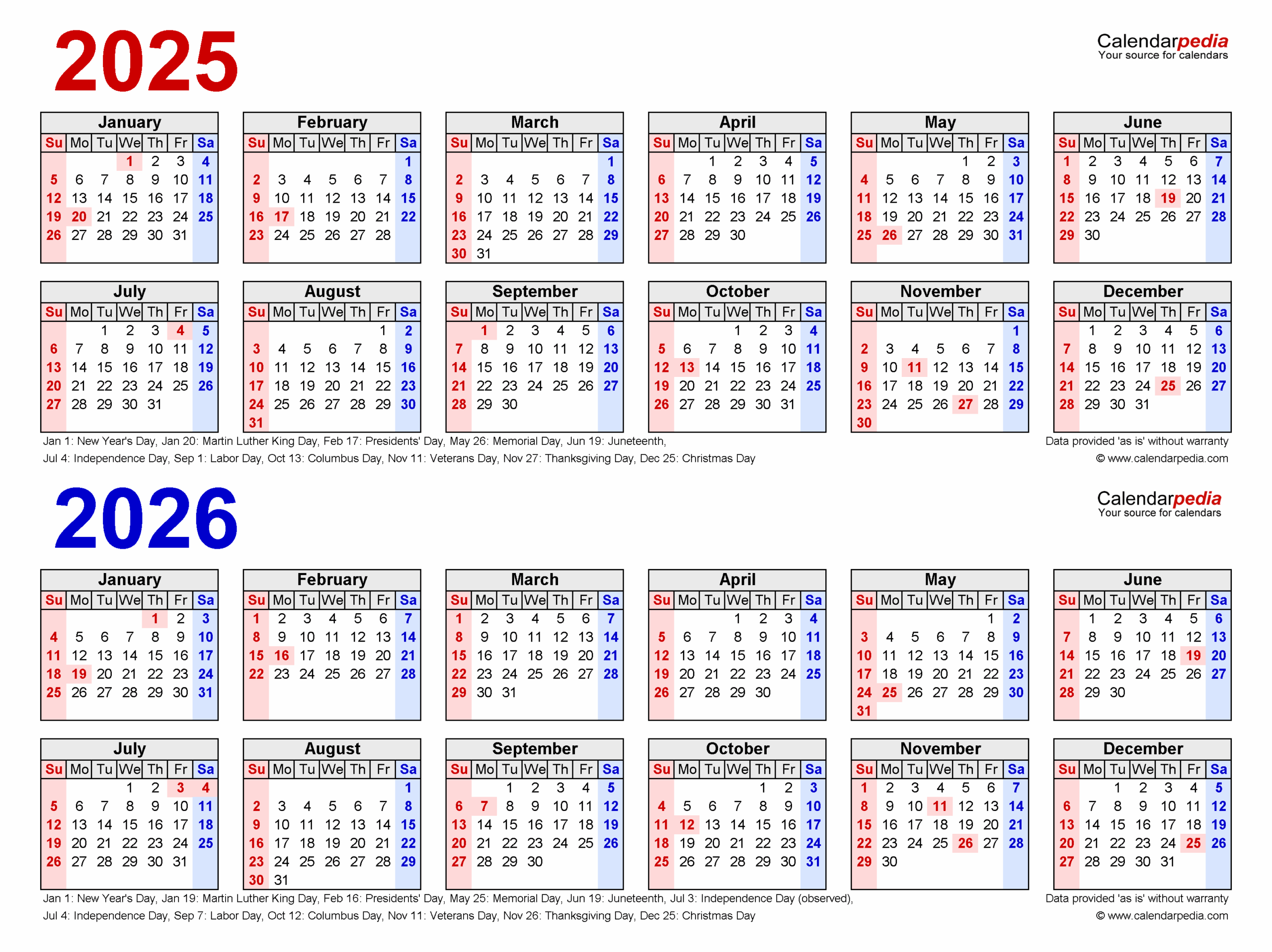 2025 2026 Two Year Calendar Free Printable Word Templates