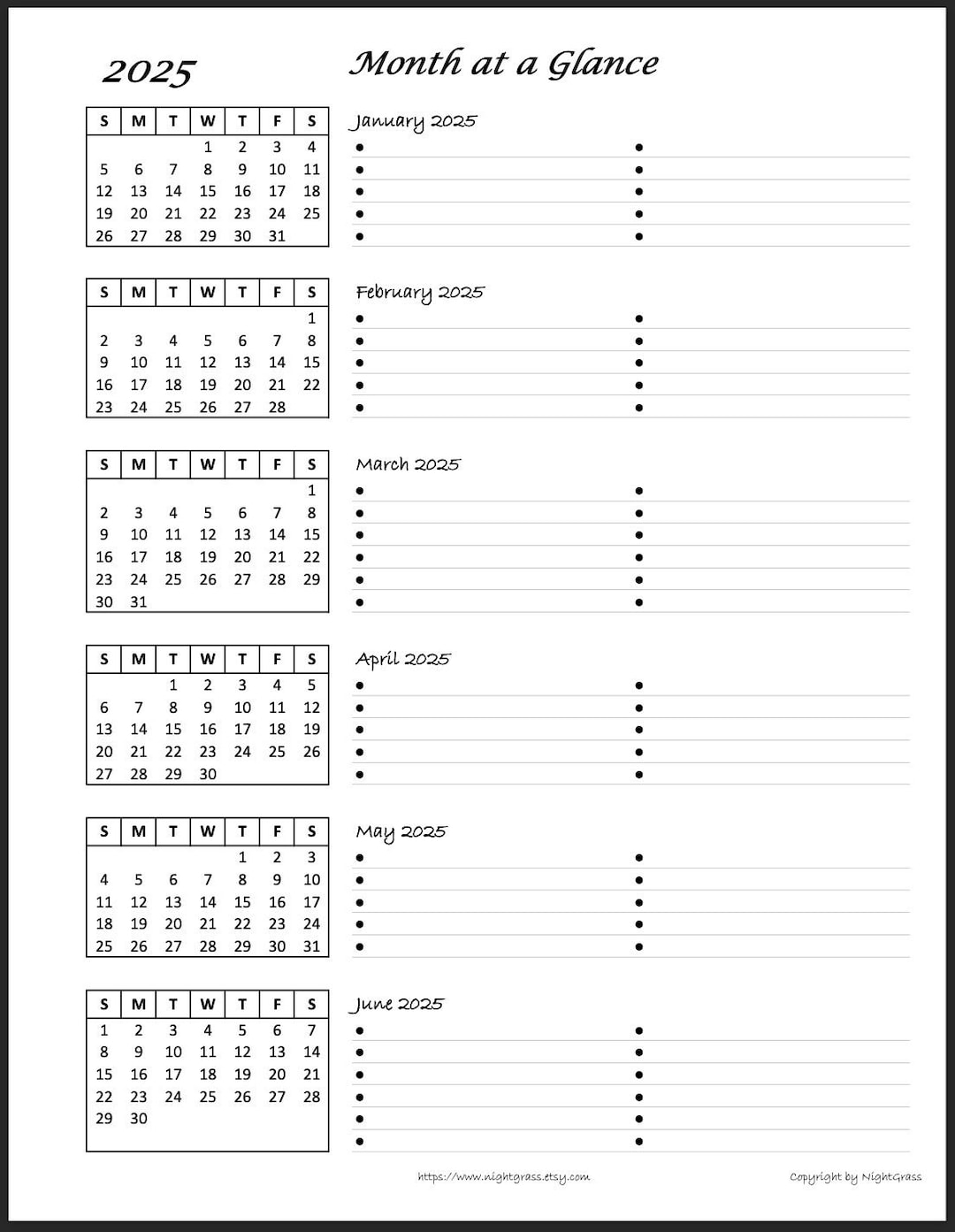2025 6 month At A Glance Minimalist Calendar 8 5x11 Instant