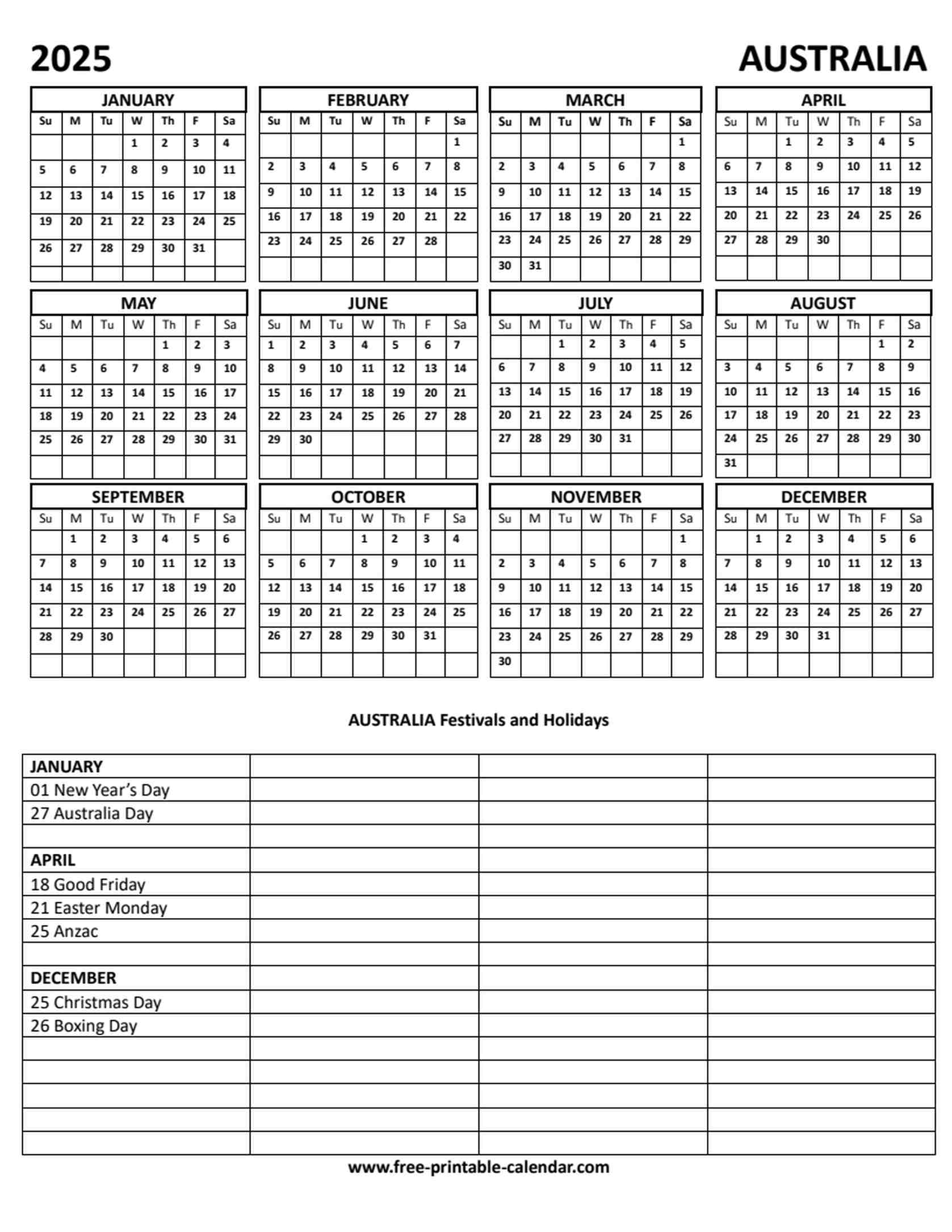 Free Printable 2025 Calendar With Australian Holidays