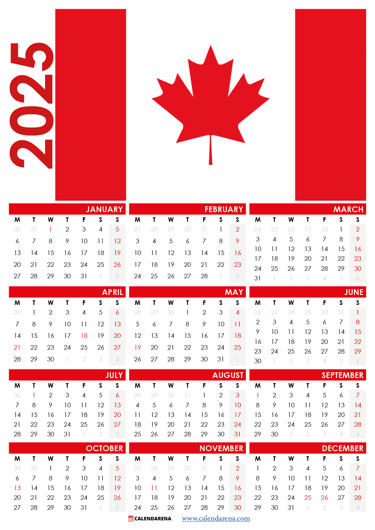 Free Printable 2025 Yearly Calendar With Canadian Holidays