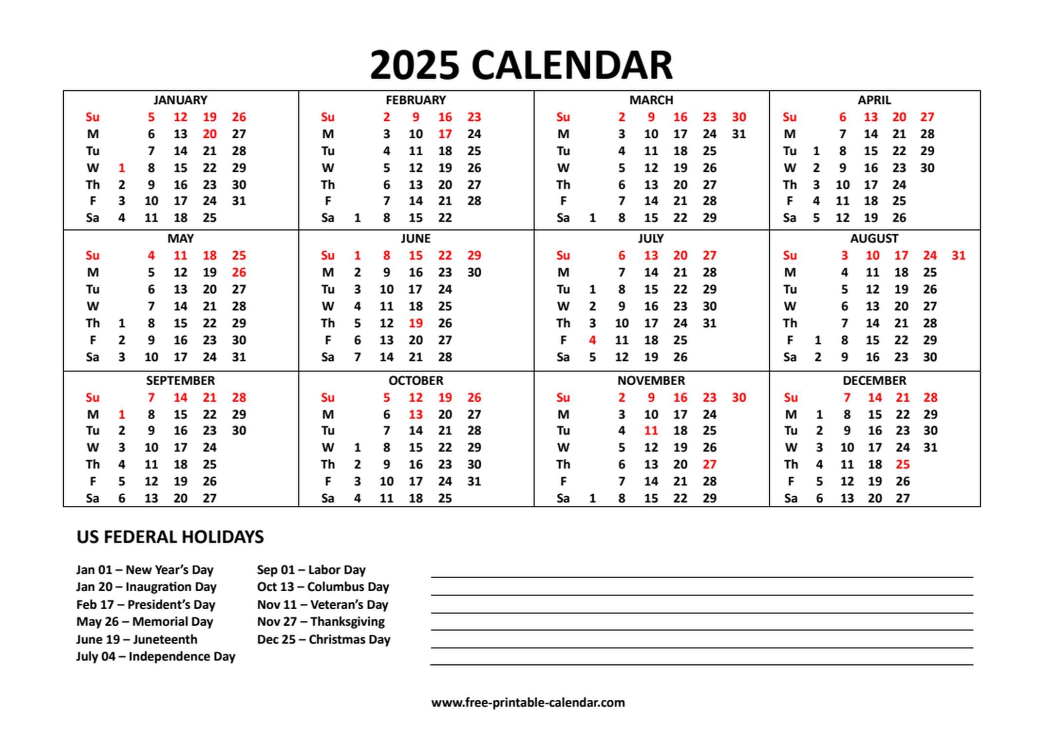 Free Printable 2025 Calendar With Holidays 11x17