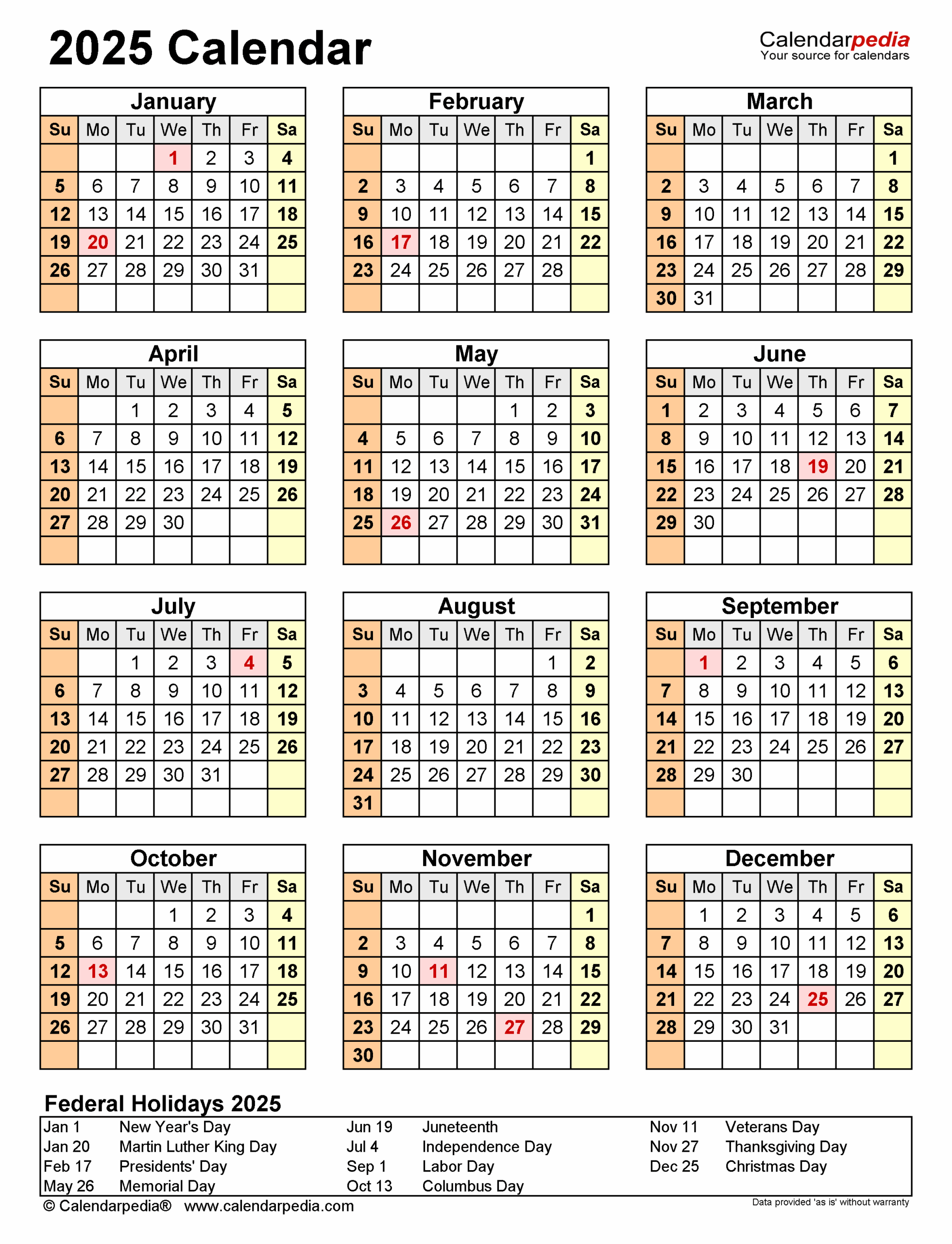 Free Printable 2025 Monthly Calendar With Holidays Template Word