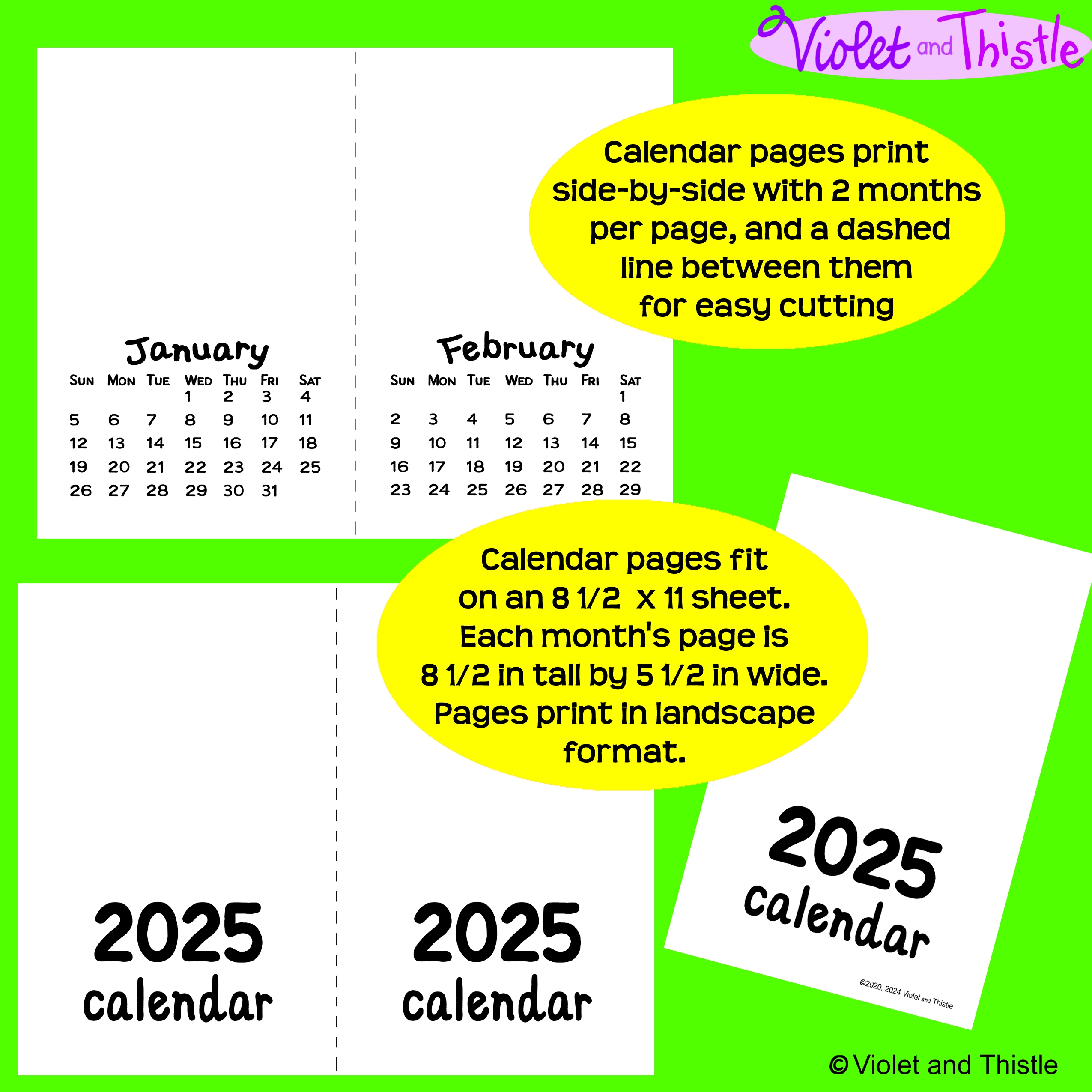 2025 Calendar HALF PAGE Printable Monthly Parent Christmas Gift 