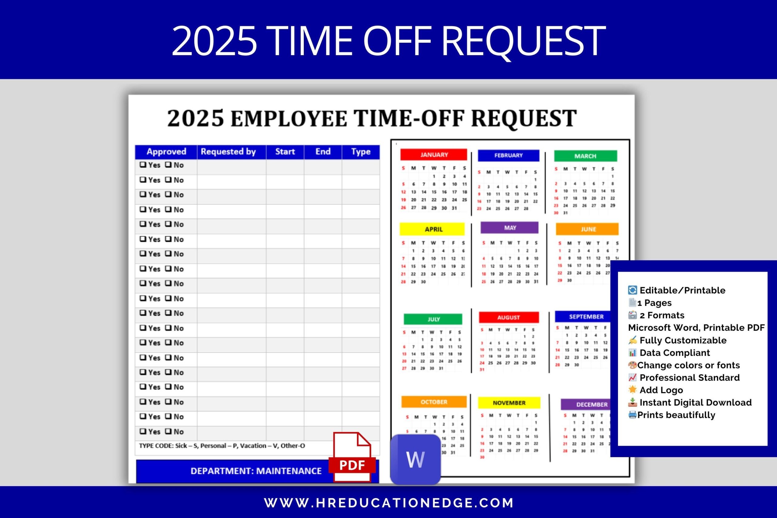 2025 Calendar HR Employee Time Off Request Planner PTO U0026 Vacation Leave Calendar Time Off Form HR Templates Days Off Tracker Benefits Etsy