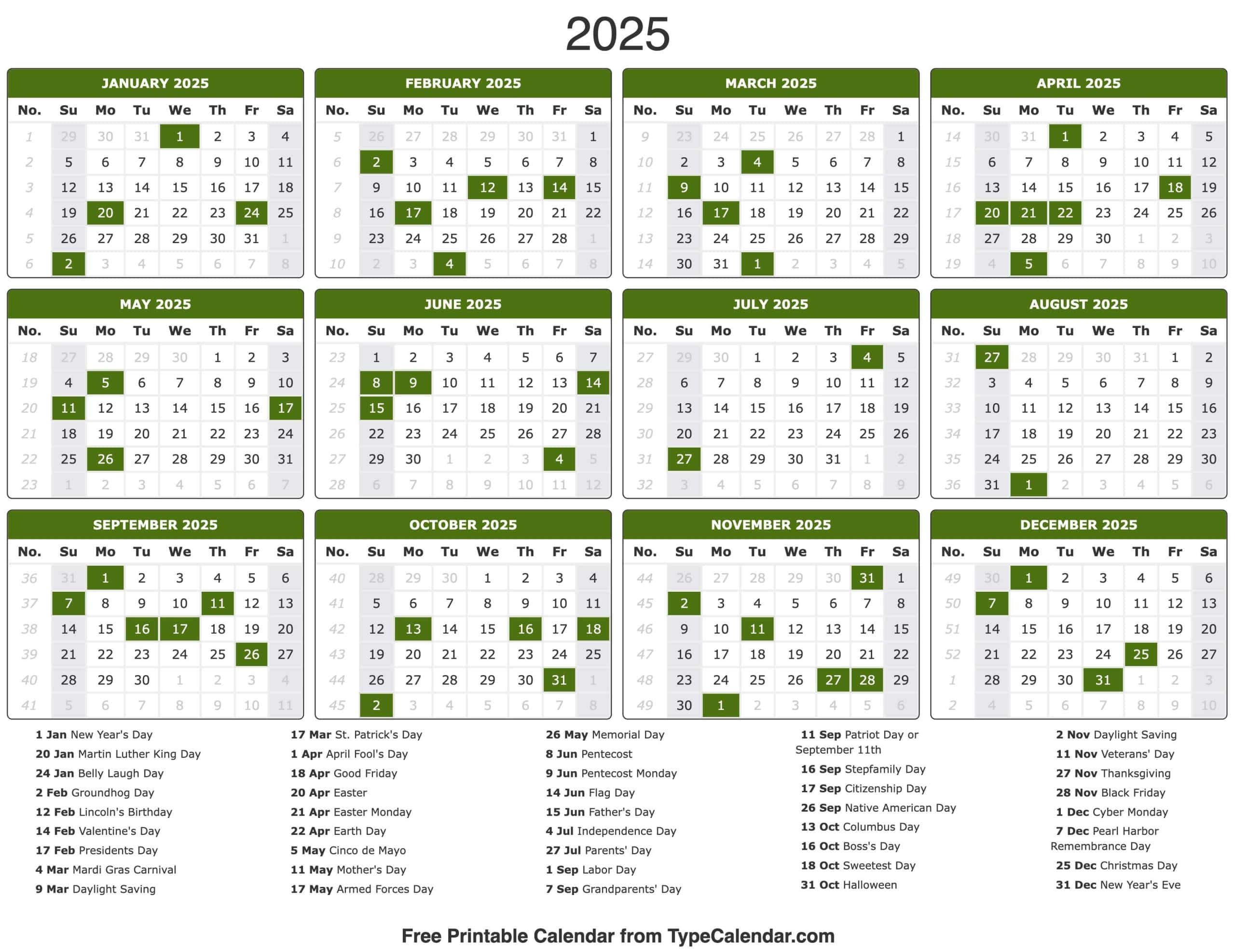 Free Printable 2025 Federal Holiday Calendar