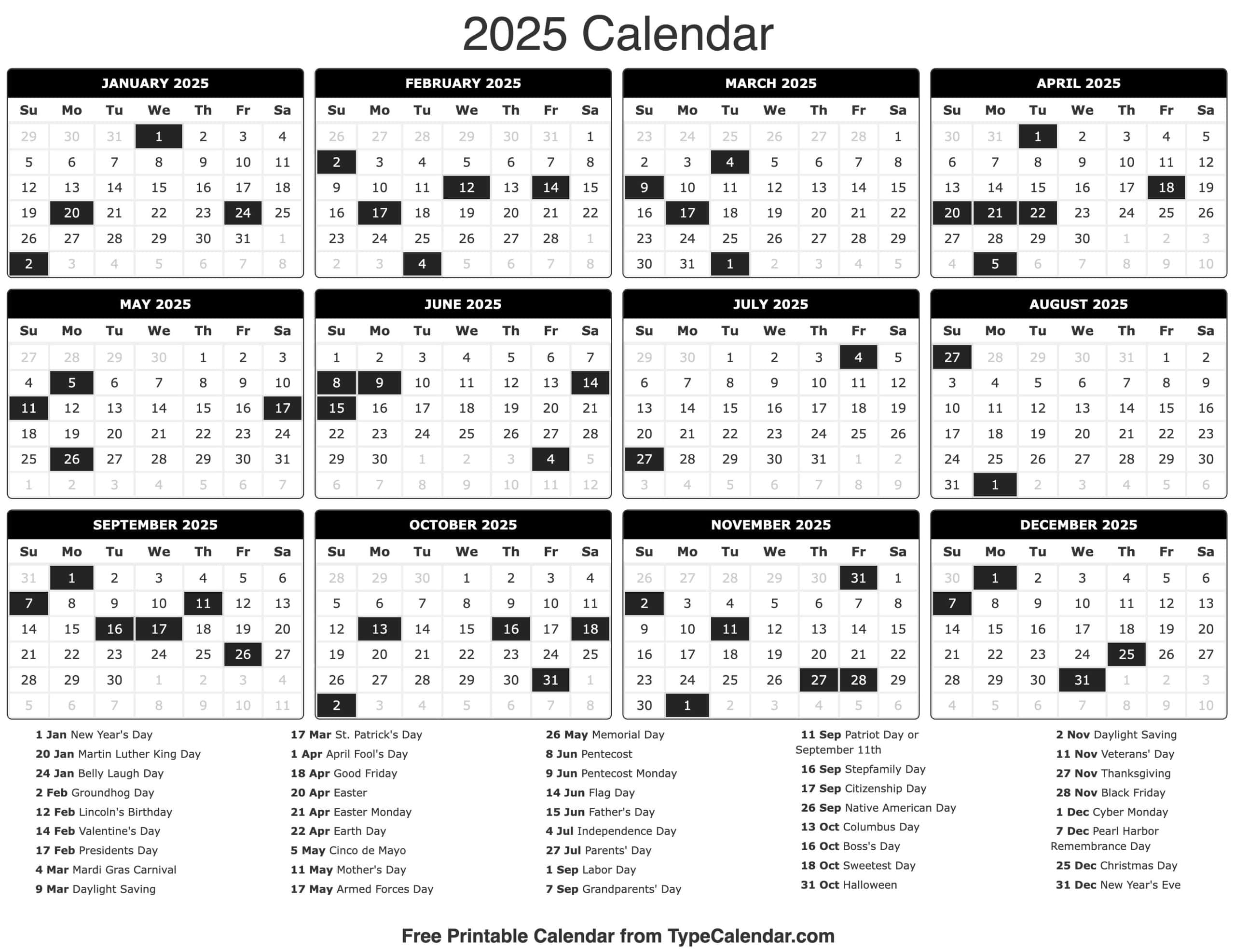 Printable 2025 Monthly Calendar With Holidays