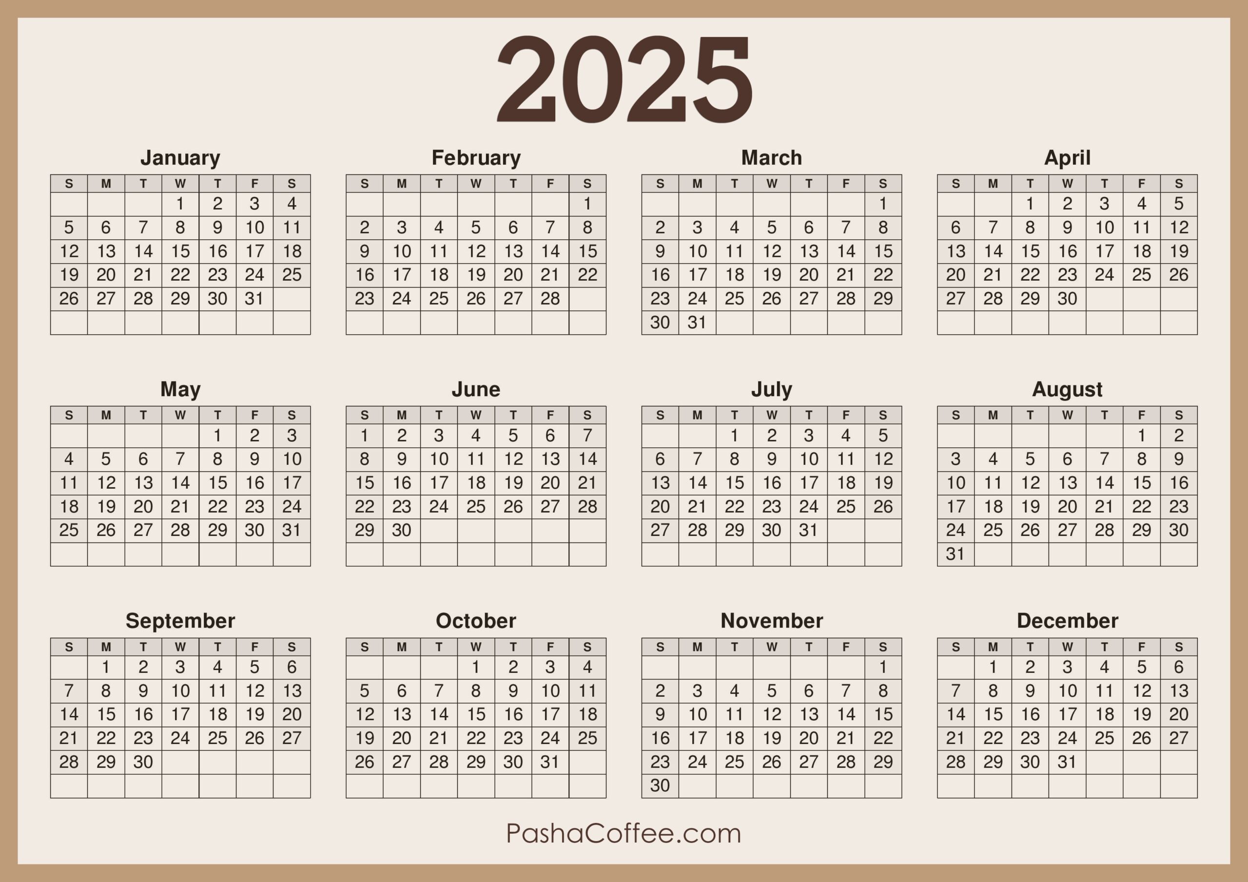 2025 Calendar Printable Free Horizontal Beige PashaCoffee