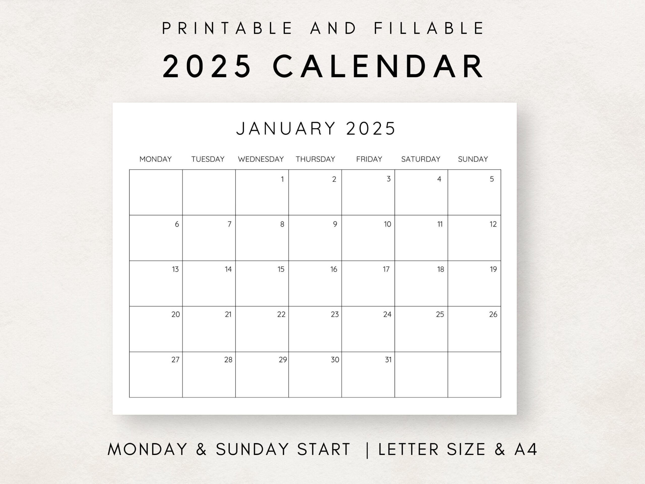 2025 Calendar Printable Monthly Calendar 2025 Fillable Calendar 2025 Planner Printable Minimalist Calendar Simple Clean Calendar Etsy UK