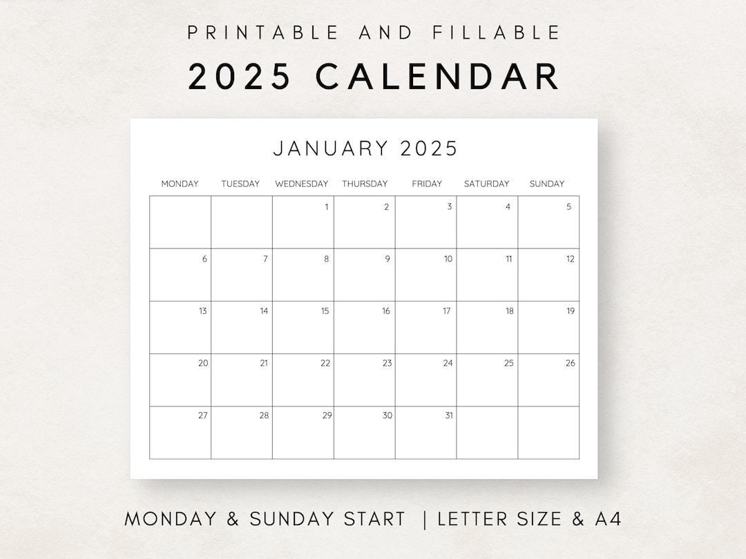 2025 Calendar Printable Monthly Calendar 2025 Fillable Calendar 
