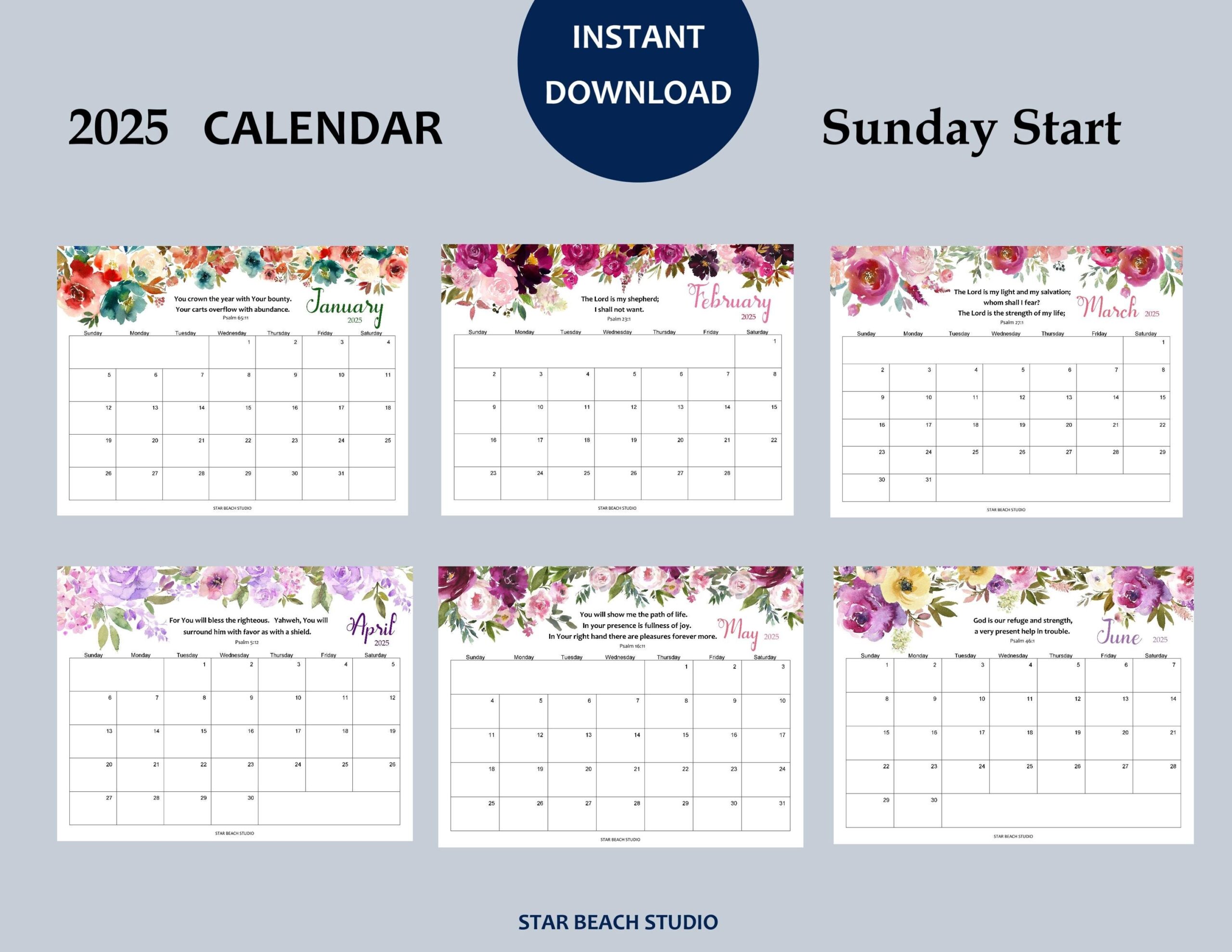 2025 Calendar PRINTABLE Psalms Bible Verse Floral Monthly Planner 