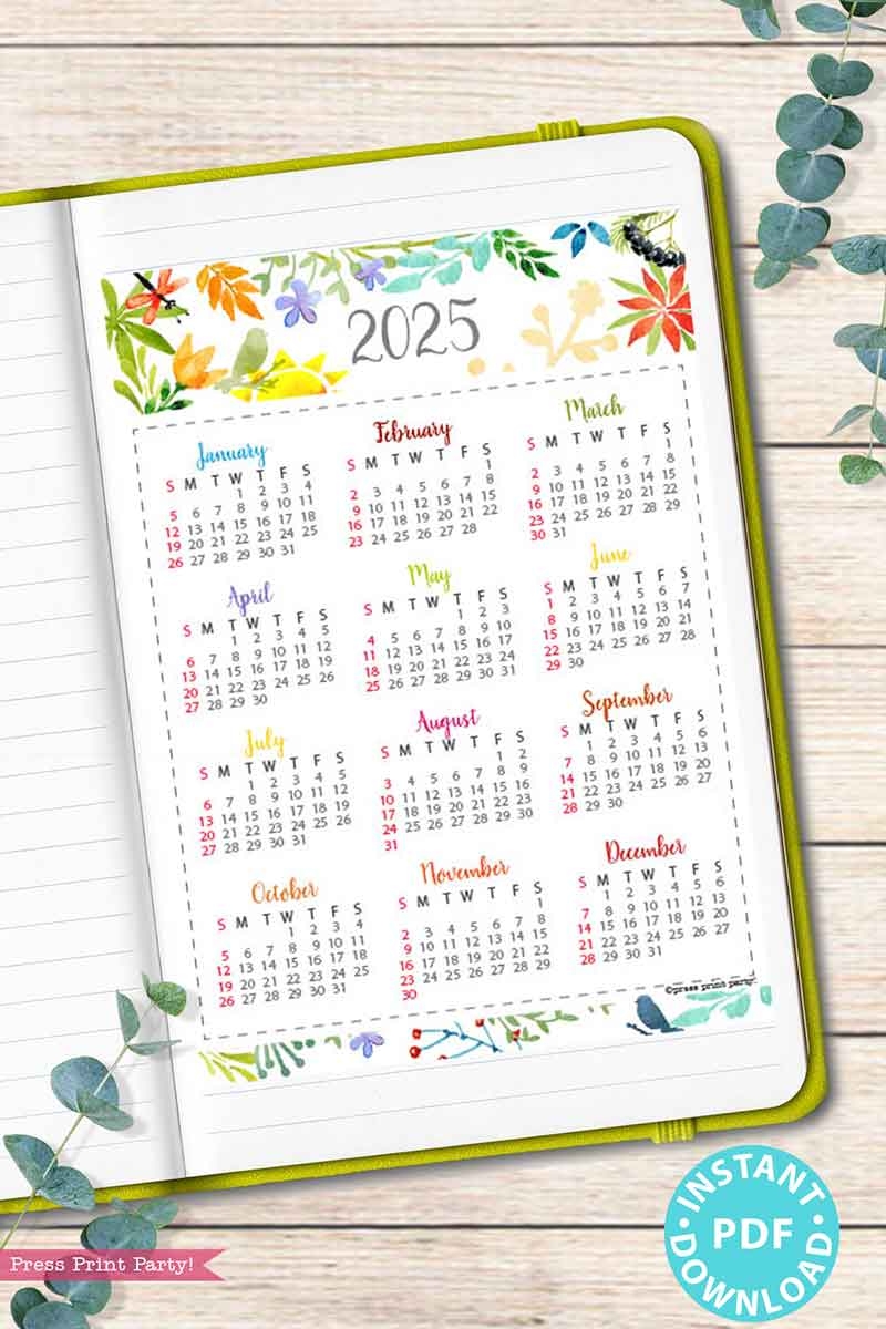2025 Calendar Printable Set For Bullet Journals Or Binders Watercolor for Bullet Journals Or Binders 