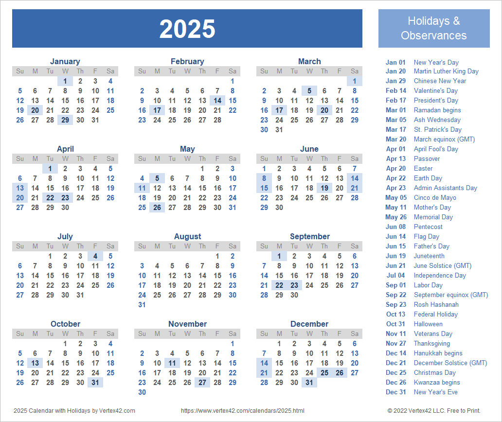 Free Printable 2025 Calendar Monthly With Holidays