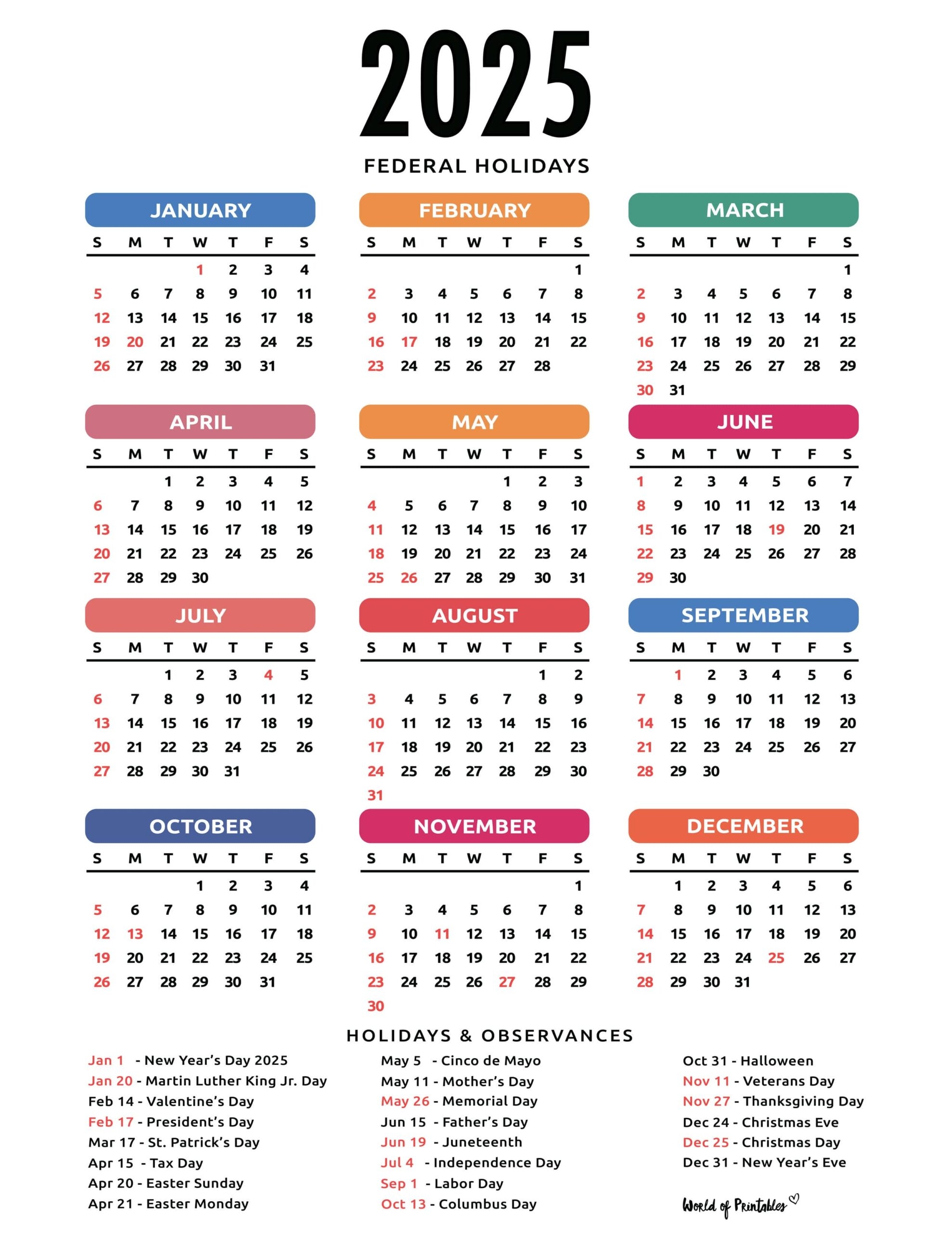 2025 Calendar With Holidays Free Printables In 28 Unique Styles 