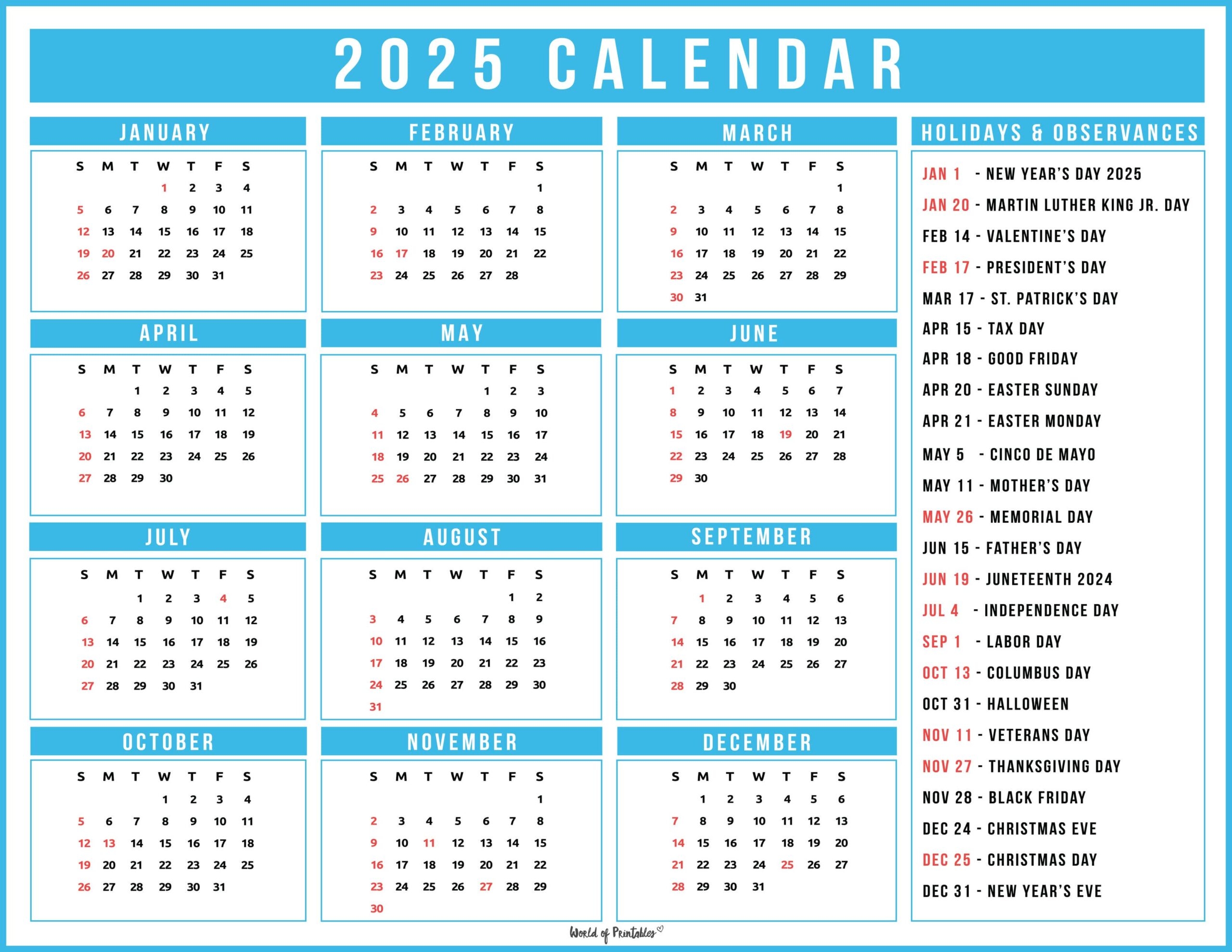 Free Printable 2025 Calendar With Us Holidays For Crafts