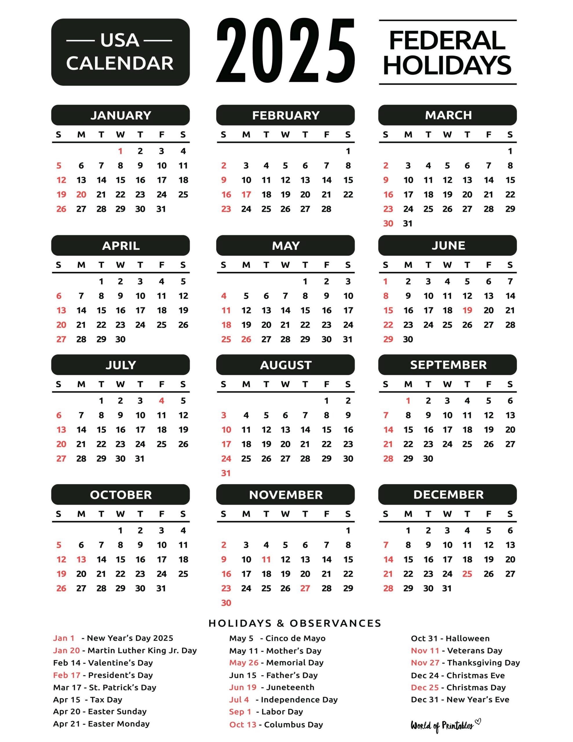 Free Printable 2025 Calendar With Federal Holidays Printable 2