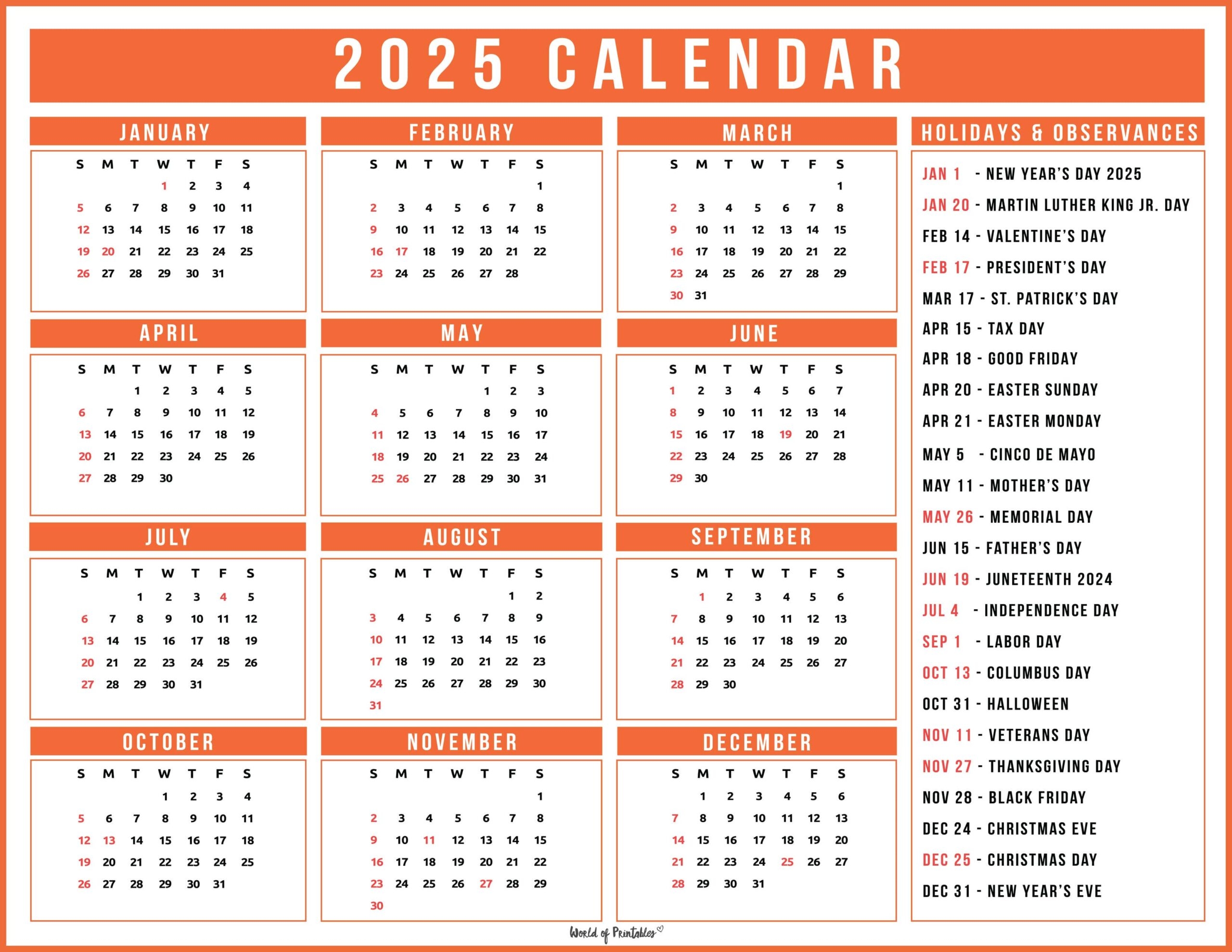 Printable 2025 Calendar With Holidays Usa