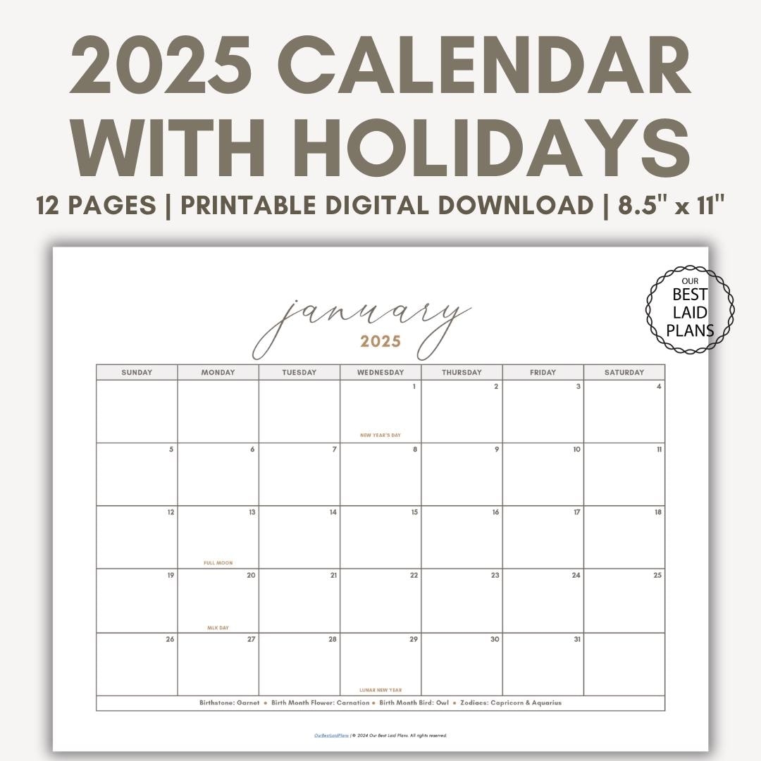 Calendar 2025 With Holidays Printable
