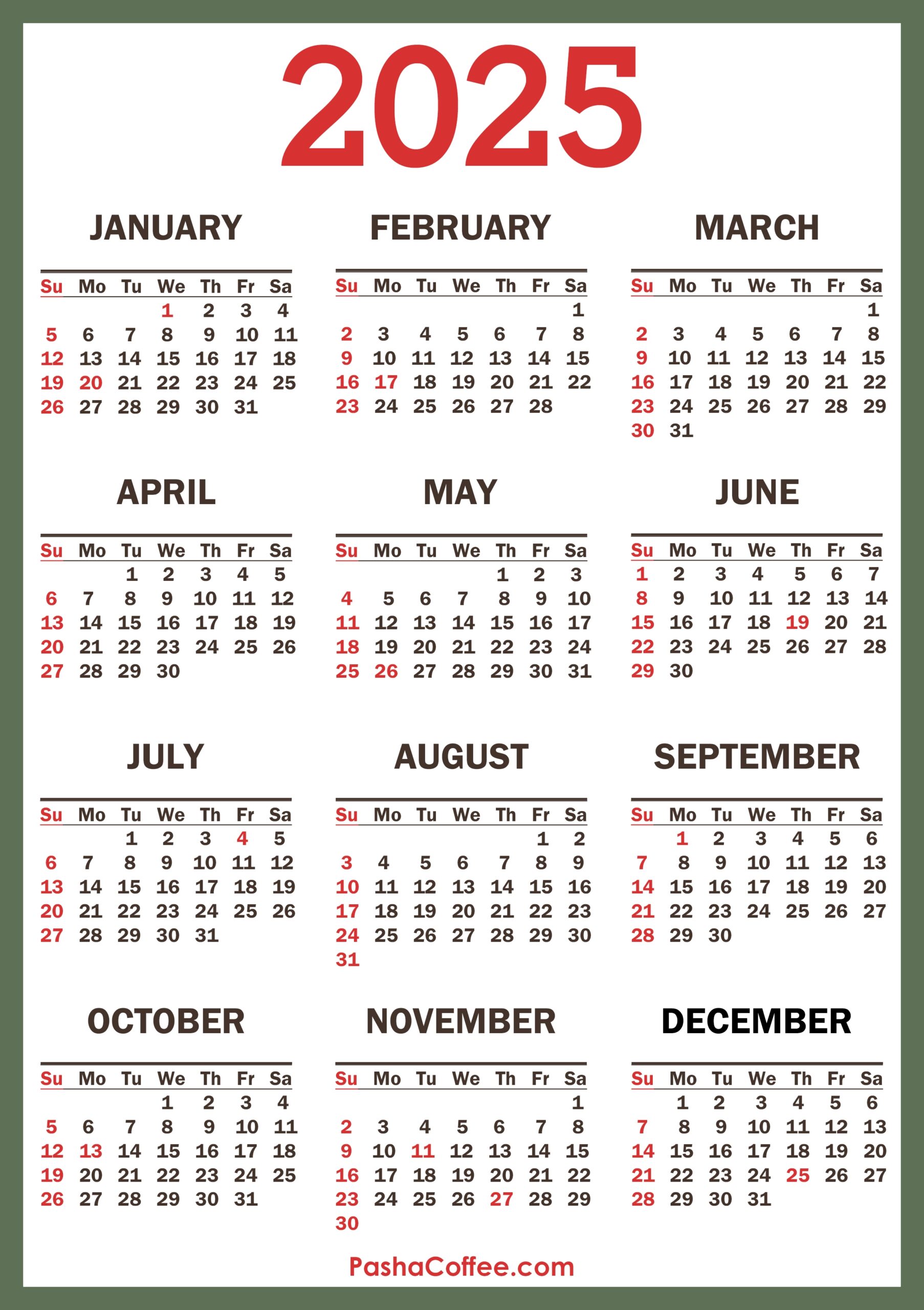 Free Printable 2025 Yearly Calendar With Holidays Pdf