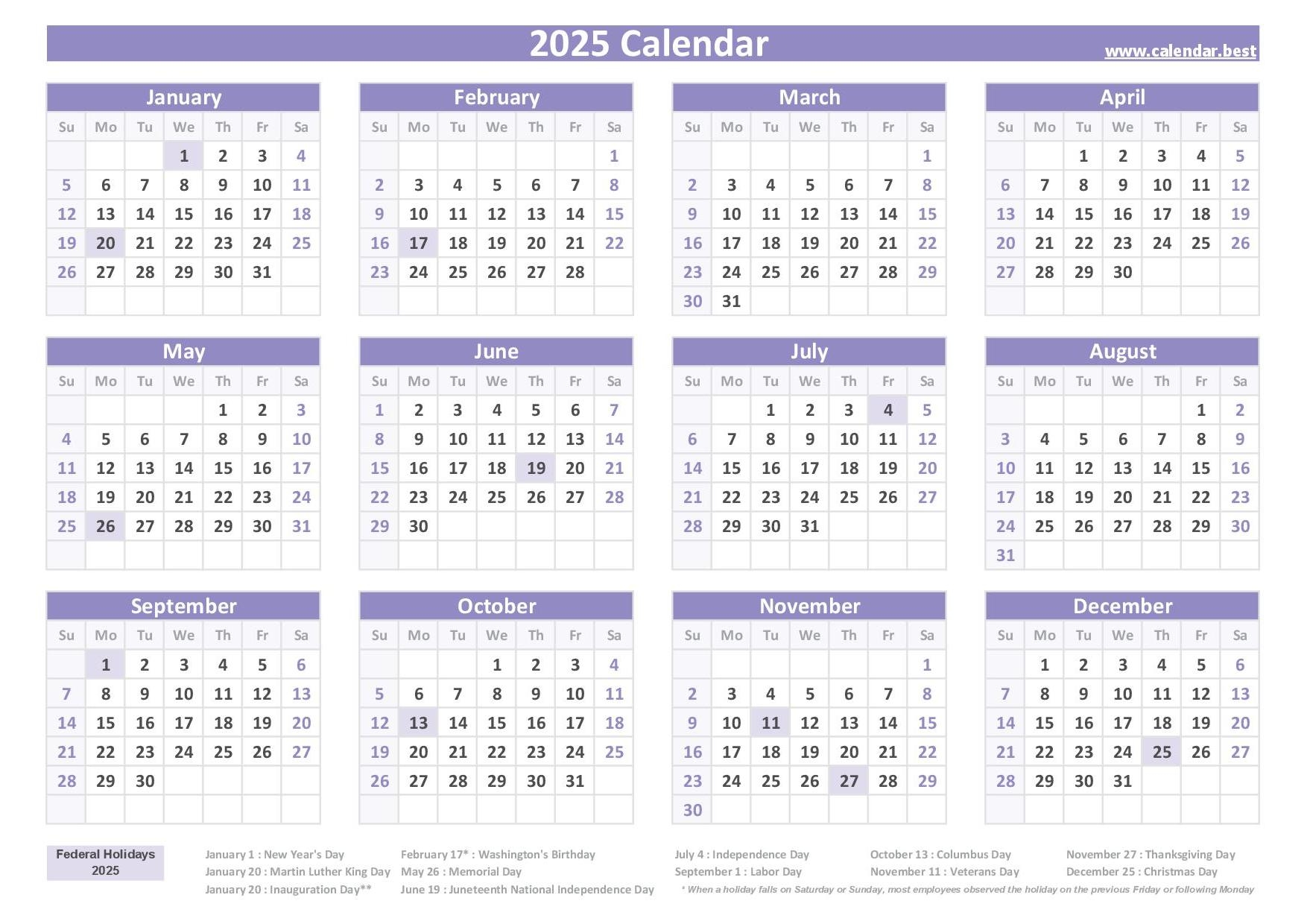 Free Printable 2025 Calendar With Holidays Printable