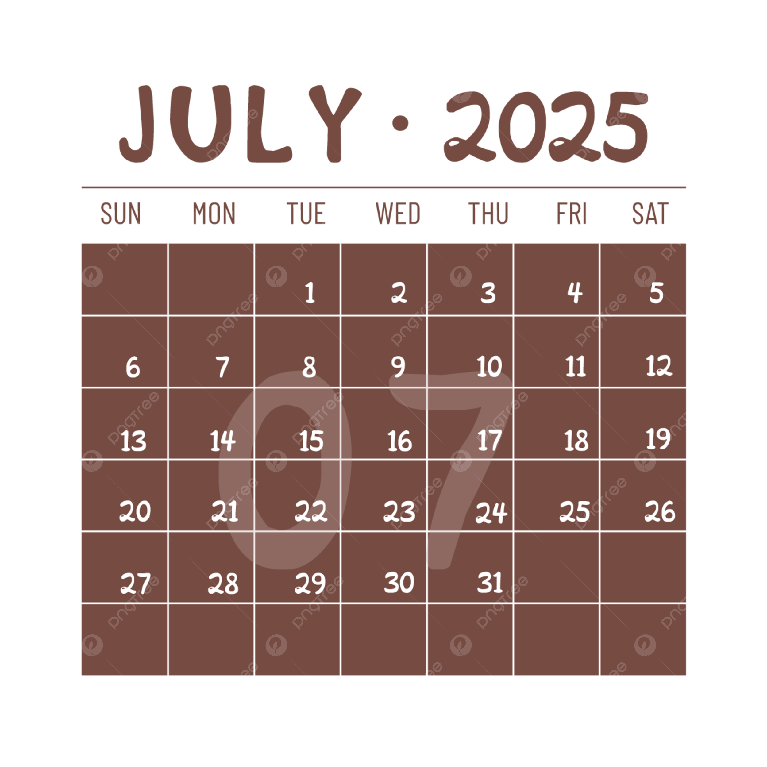 2025 English Calendar July Brown Vector Calendar English 2025 PNG And Vector With Transparent Background For Free Download