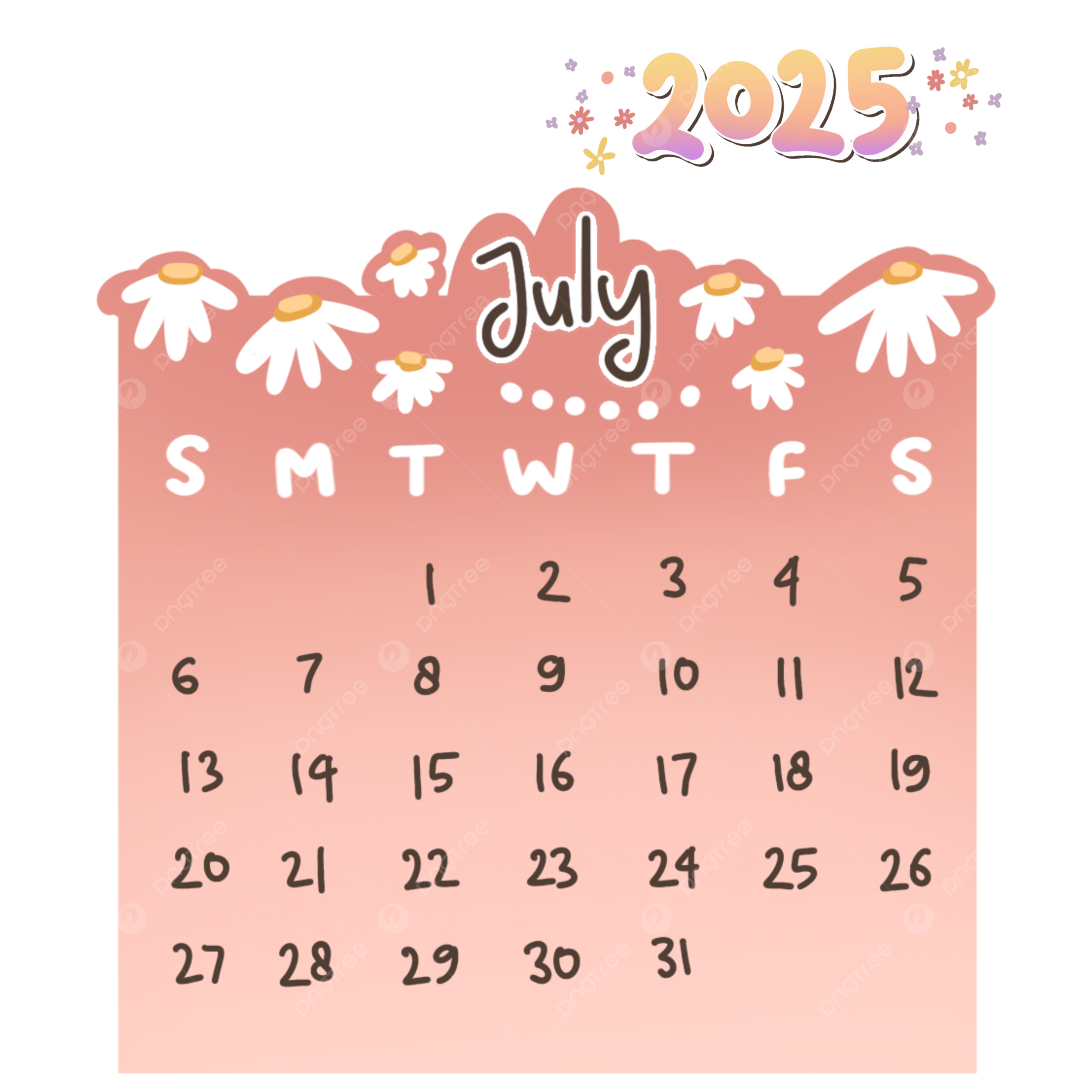 2025 July Calendar Monthly Cute Hand Drawing Printable 2025 Calendar 2025 July July Calendar 2025 PNG Transparent Clipart Image And PSD File For Free Download