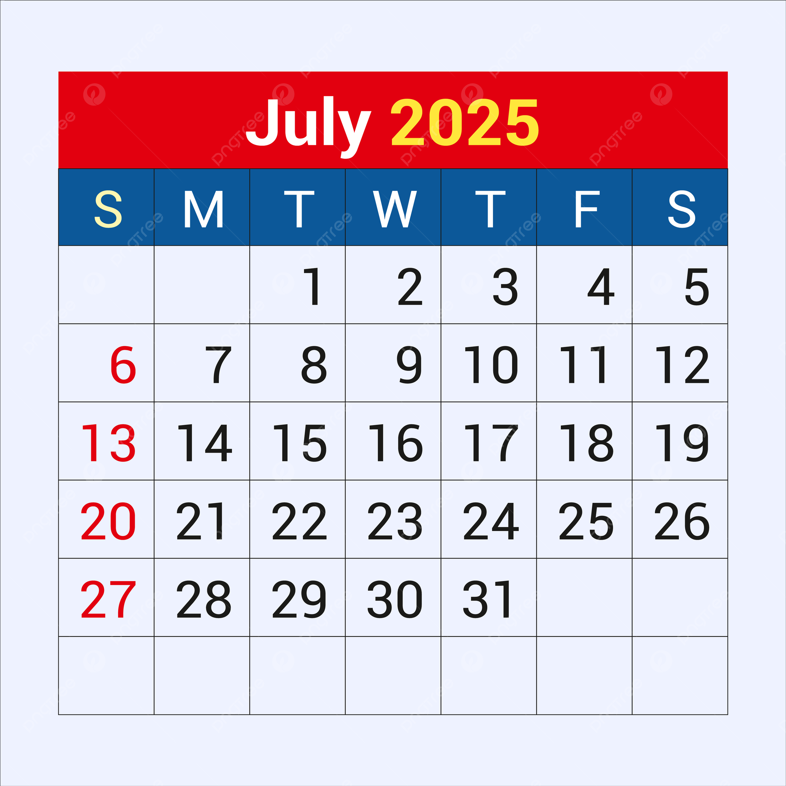 2025 July Calendar PNG Transparent Images Free Download Vector 