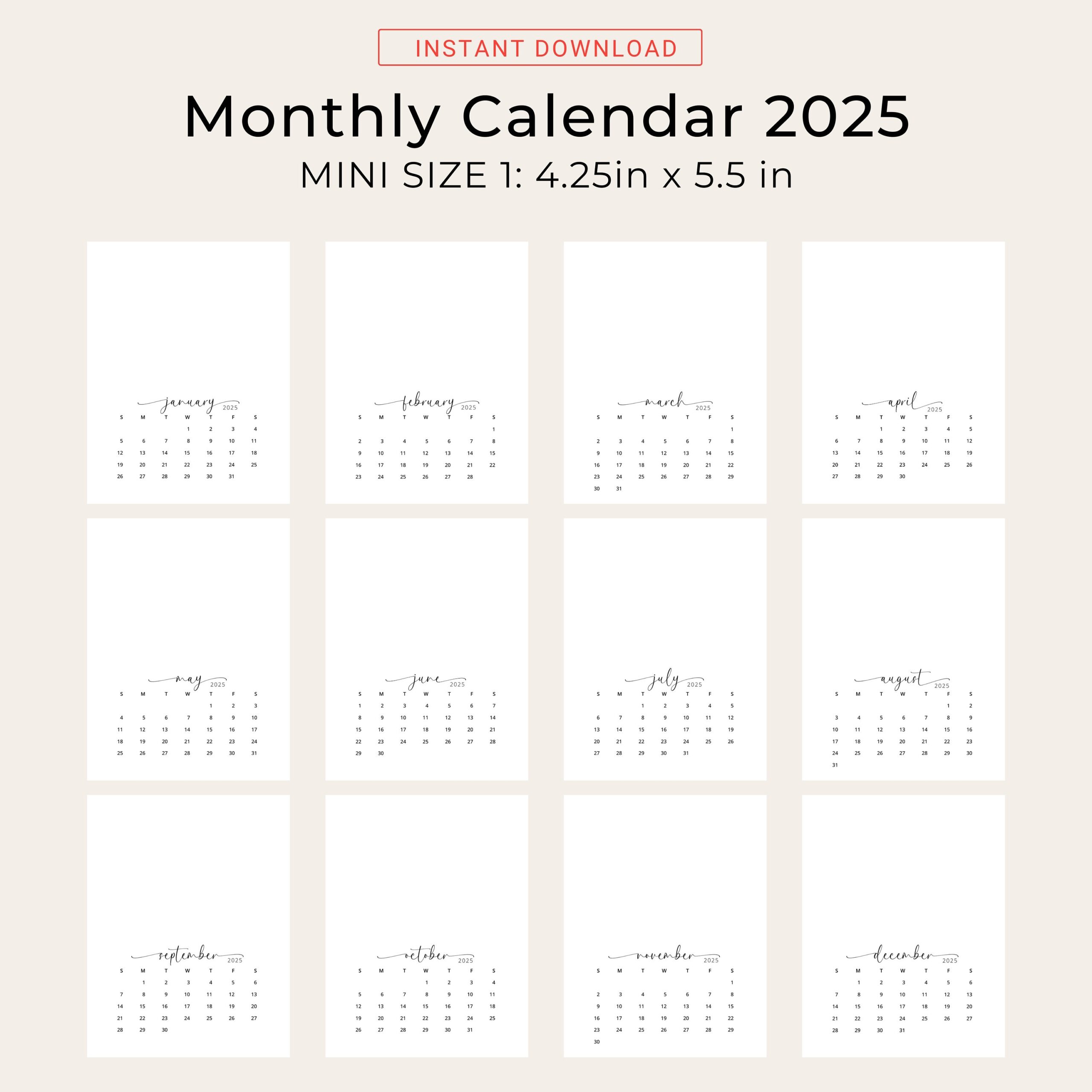 2025 Mini Calendar 2025 Small Calendar Monthly Vertical 2025 DIY Calendar PRINTABLE PDF 4 25in X 5 5in Mini Planner 1 4 Of A4 Size Elegant Etsy UK