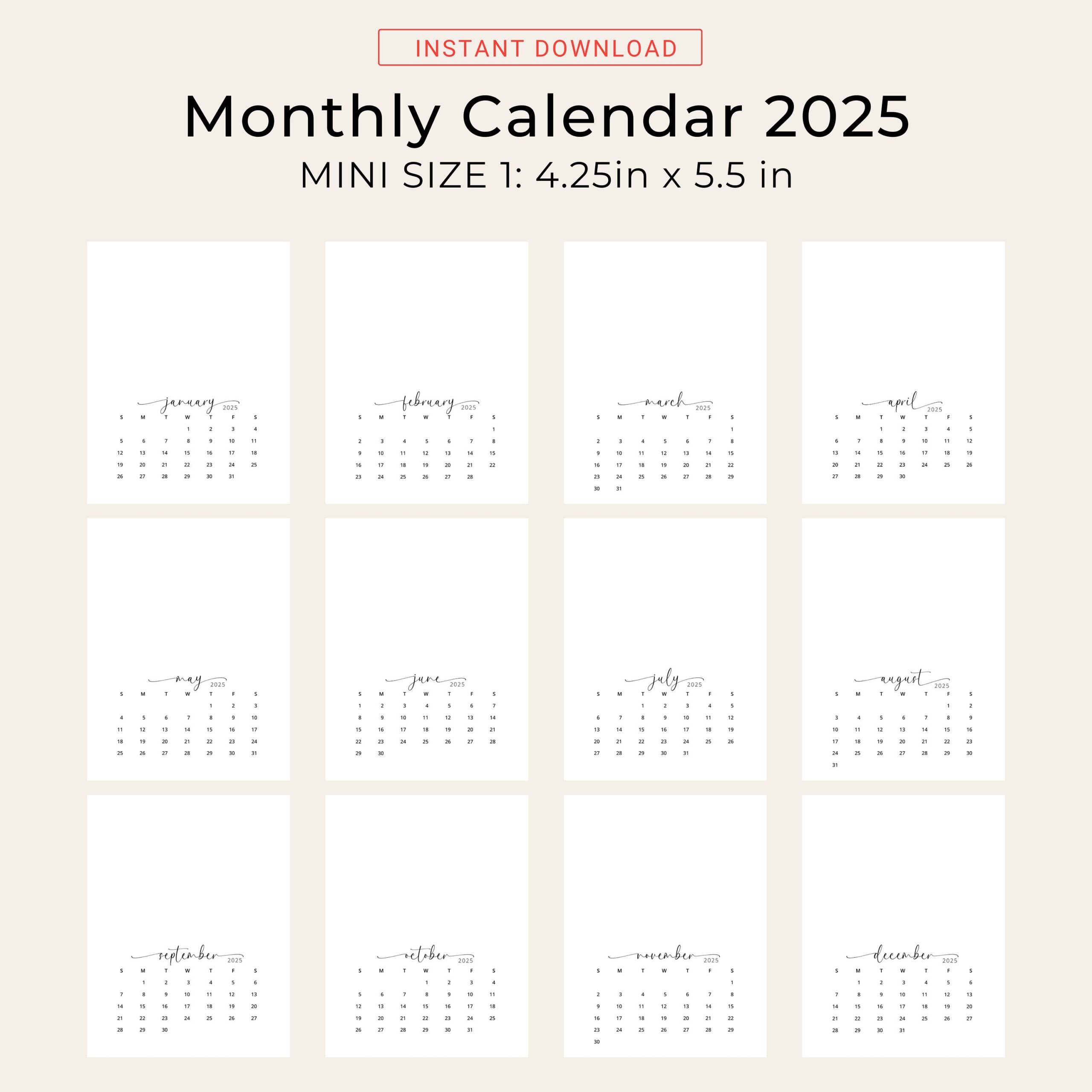 2025 Mini Calendar 2025 Small Calendar Monthly Vertical 2025 DIY 