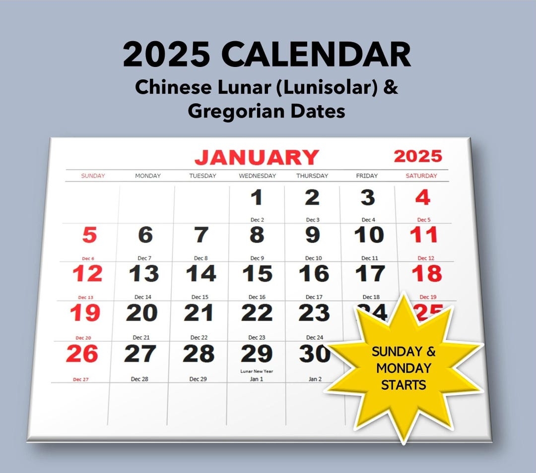 2025 Monthly Calendar Chinese Lunar U0026 Gregorian Dates Lunisolar Printable PDF Digital Chinese New Year Dragon Boat Mid autumn Etsy