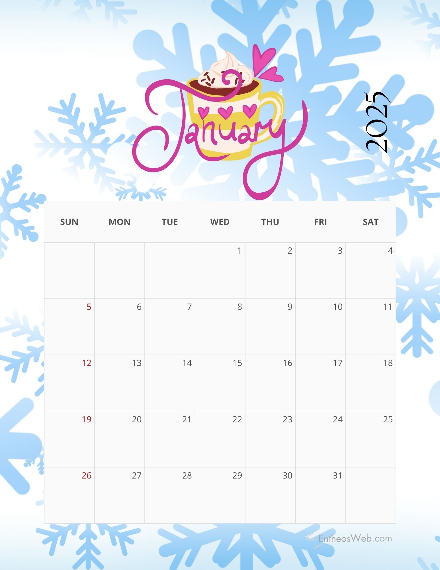 Printable Monthly Calendar 2025 Free