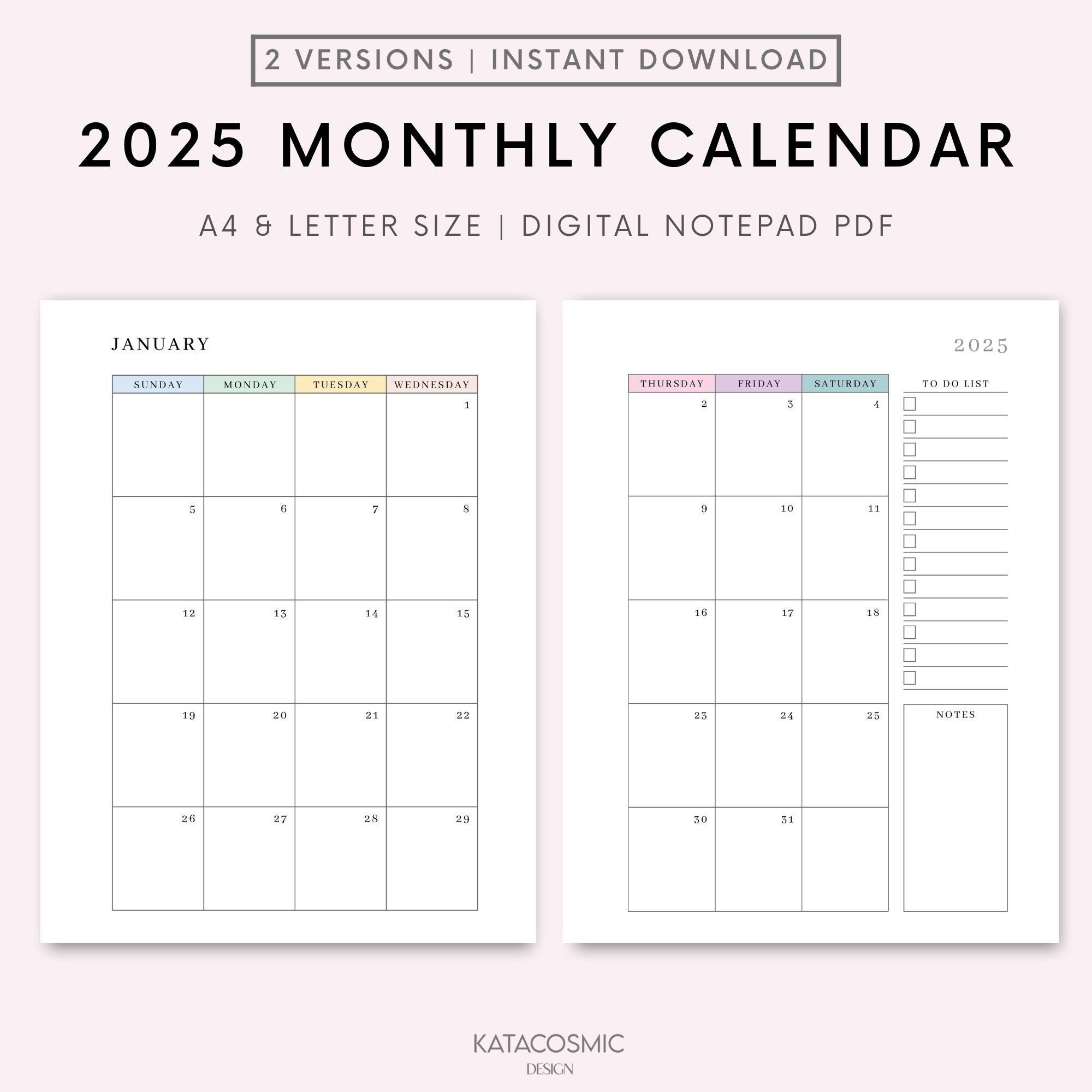 2025 Monthly Calendar Printable Two Page Per Month Planner 2025 Calendar Month At A Glance Desk Calendar Sunday And Monday Start Etsy