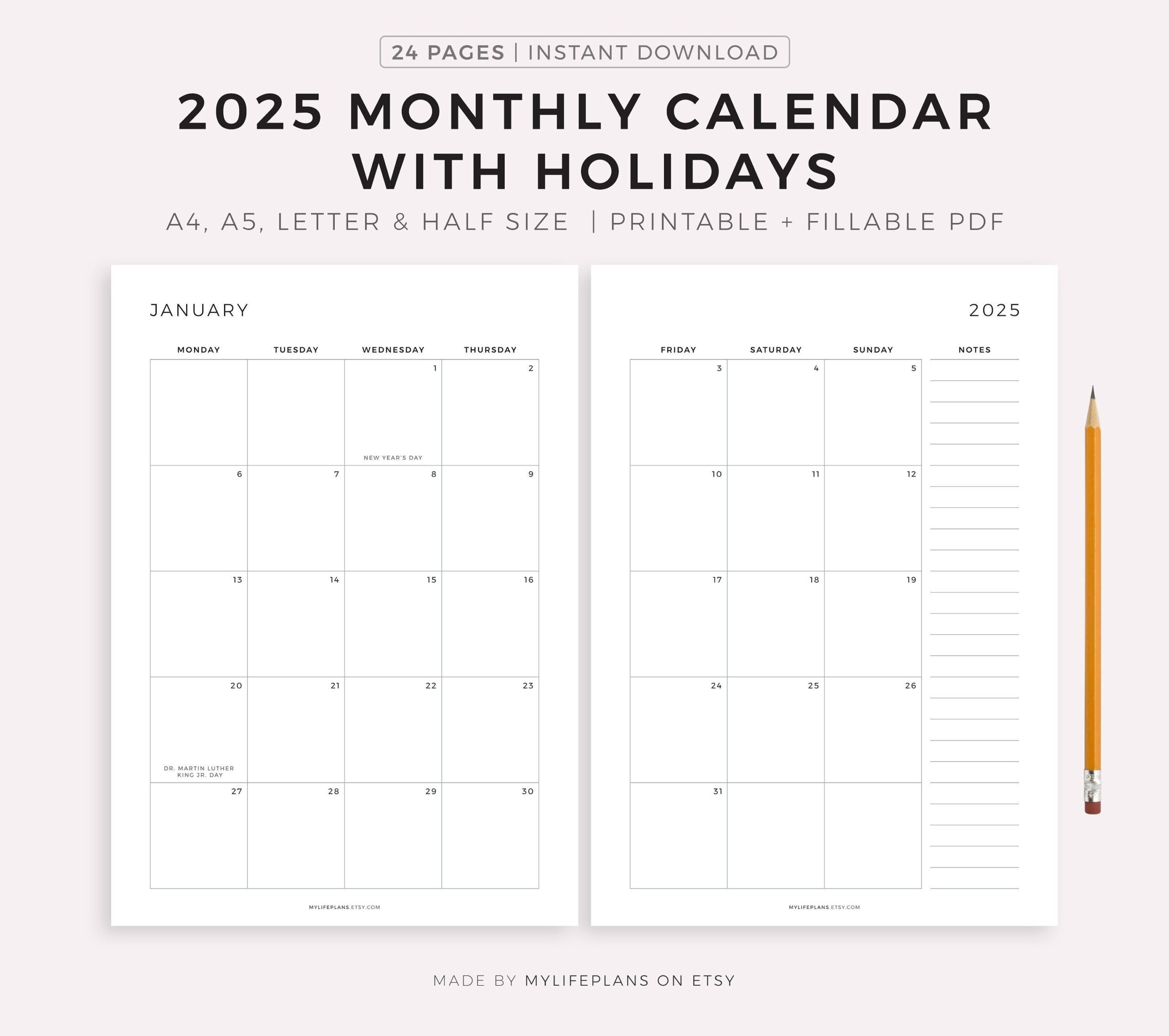2025 Monthly Calendar With Holidays On 2 Pages Printable Calendar Template Year Calendar Minimalist Calendar Vertical A4 a5 letter half Etsy