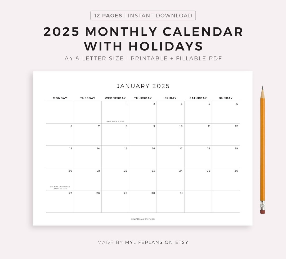 2025 Monthly Calendar With Holidays Printable Calendar Template 