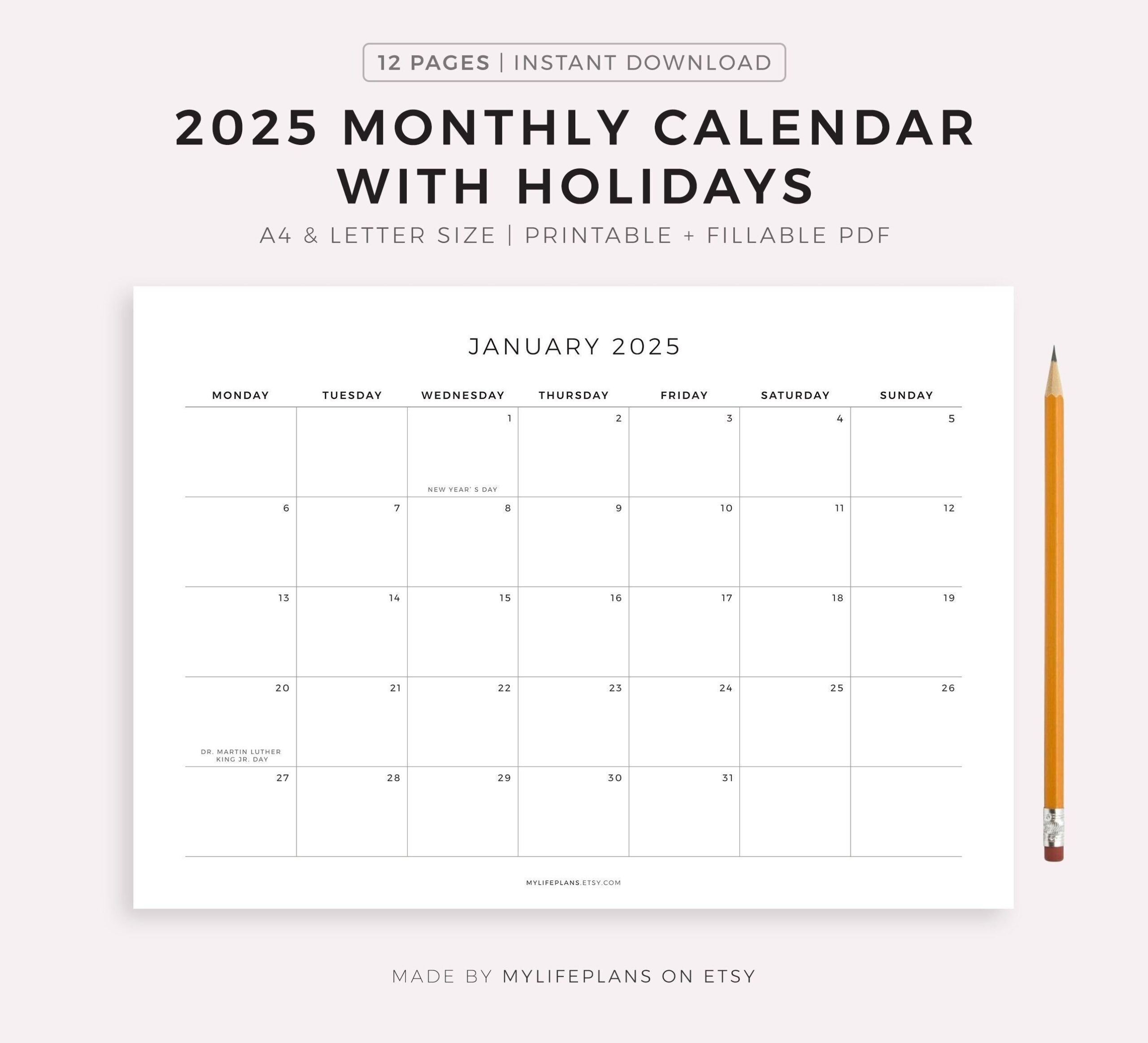 2025 Monthly Calendar With Holidays Printable Calendar Template Landscape Minimalist Calendar Year Calendar Instant Download A4 letter Etsy Australia