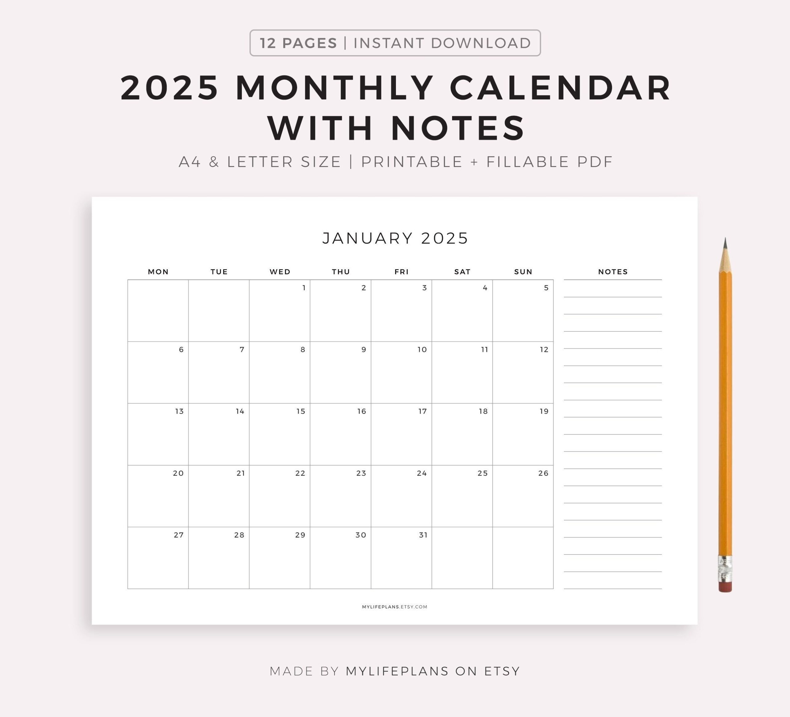 2025 Monthly Calendar With Notes Landscape Printable Calendar Template Minimalist Calendar Year Calendar Monday sunday Start A4 letter Etsy