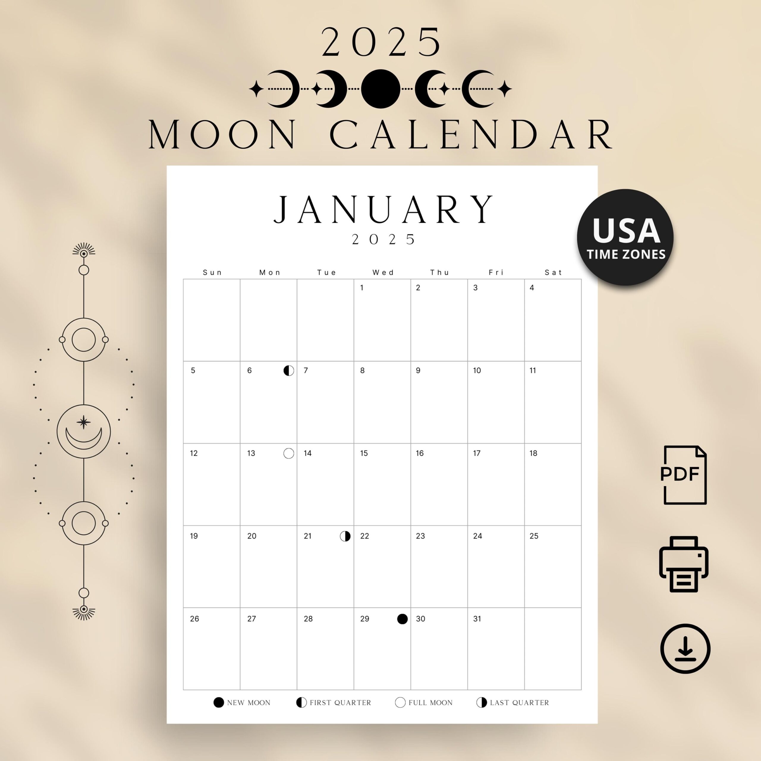 2025 Moon Calendar 2025 Lunar Calendar Printable PDF Full Moon Desk Calendar 2025 USA Time Zones LUXE Wall Moon Phases Calendar Moon Planner Etsy Australia