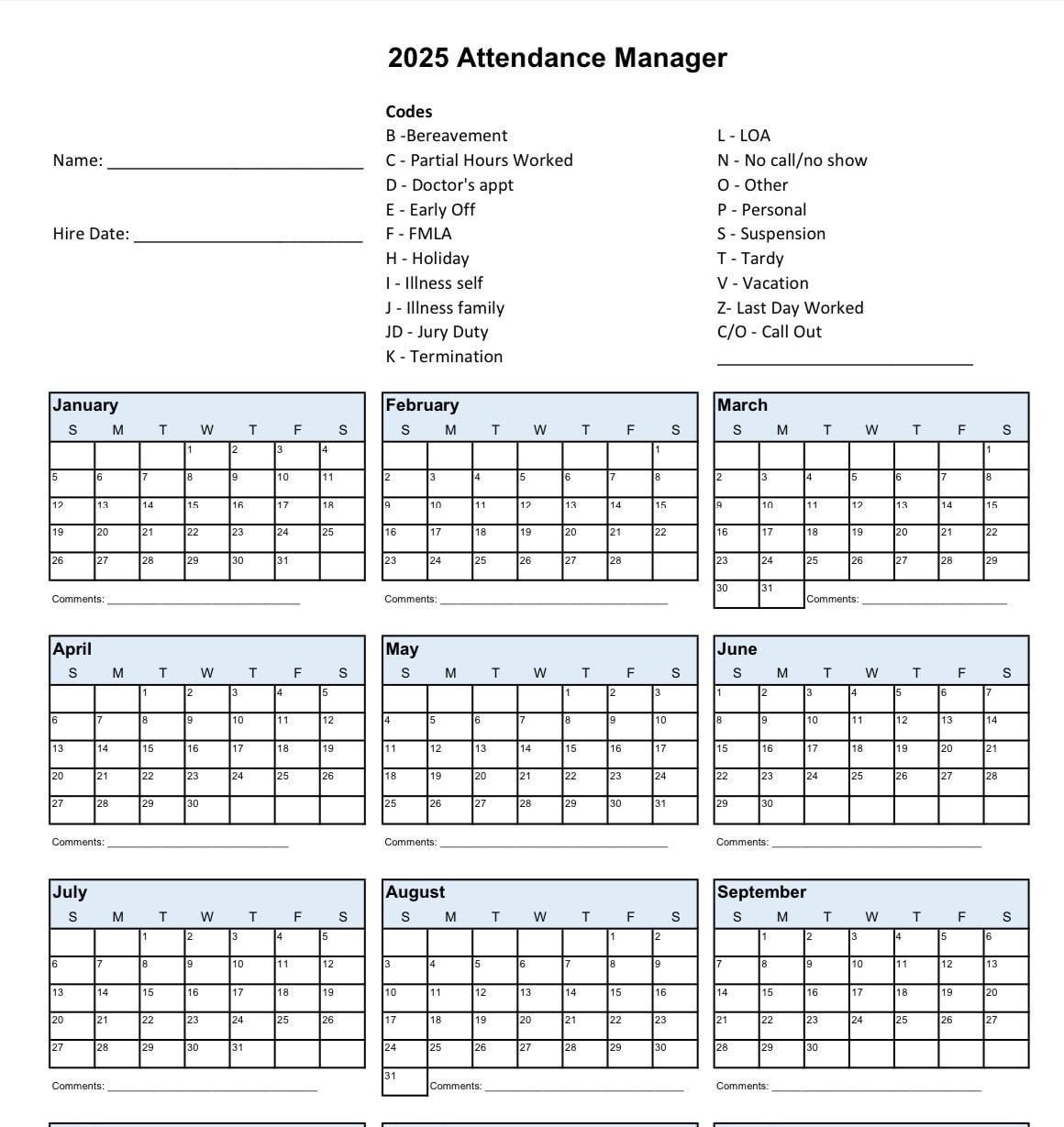 2025 Printable Calendar For Employee Attendance School PTO Schedule Time Off Tracker Small Business Data Vacation Tracker Days Off