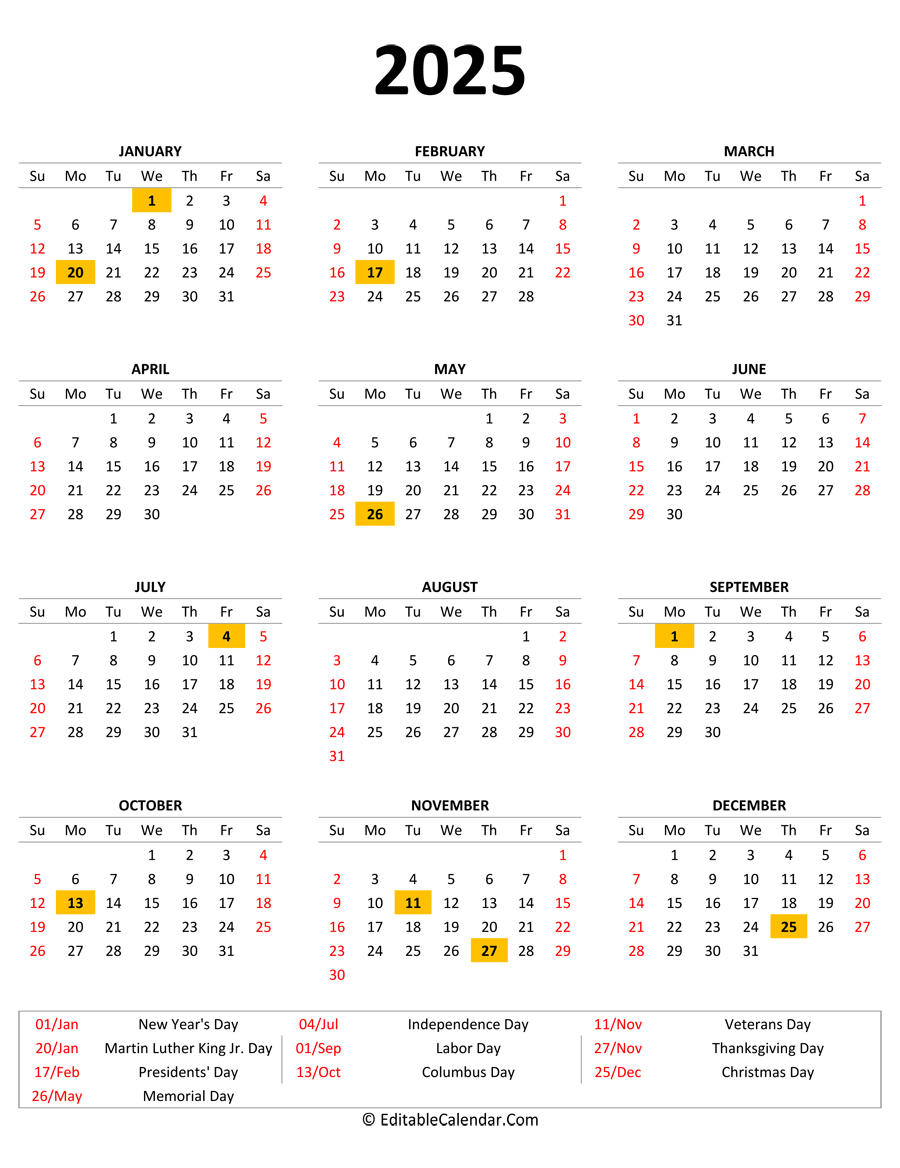 2025 Printable Calendar With Holidays Portrait Orientation