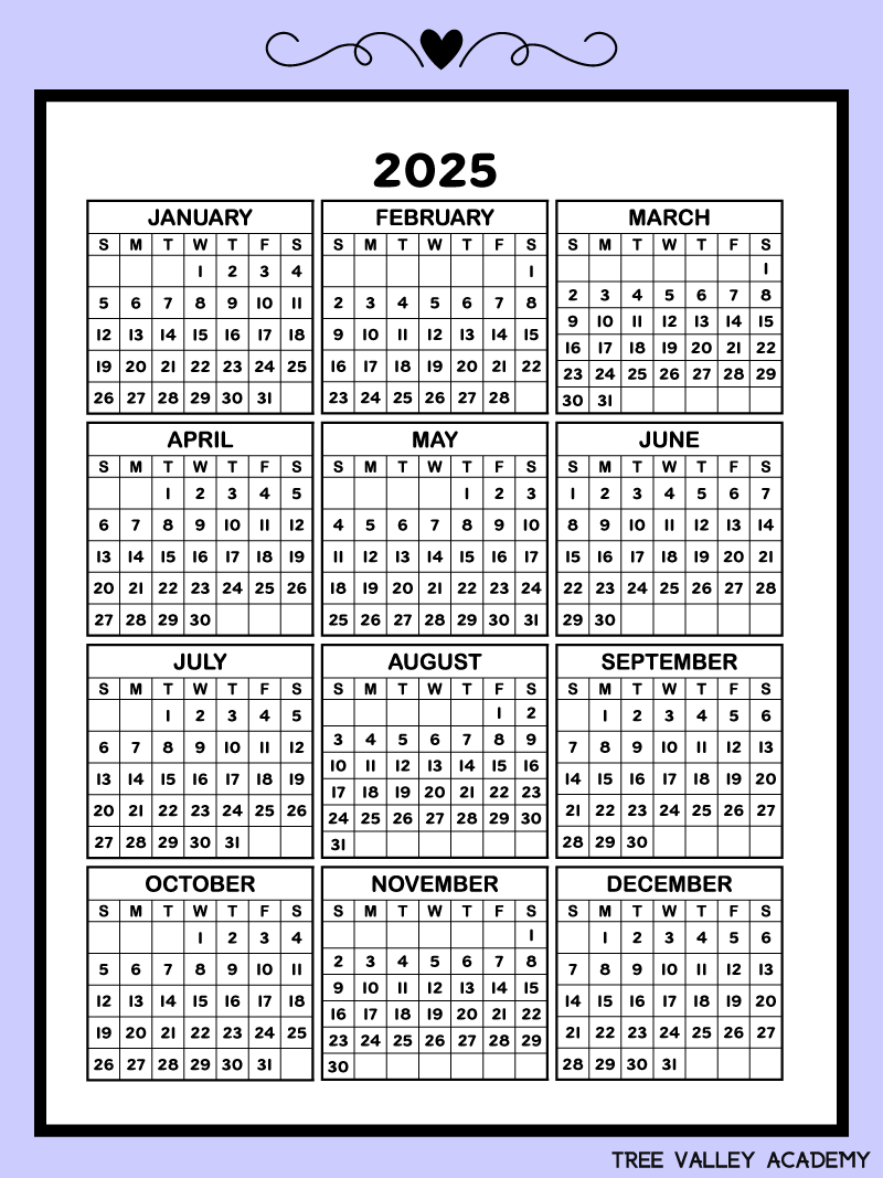 Free Printable 12 Month Calendar 2025 On One Page