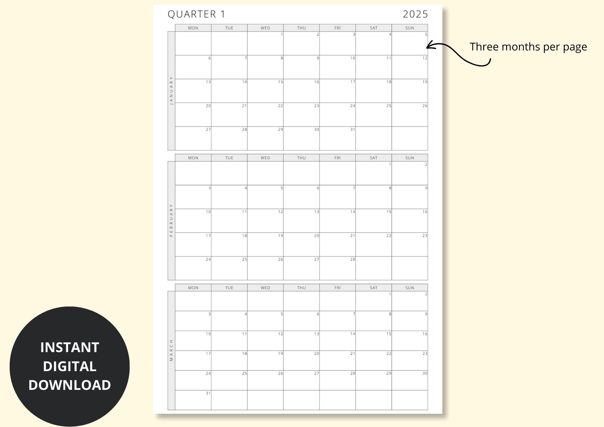 2025 Quarterly Calendar 3 Months Per Page 2025 Monthly Calendar 
