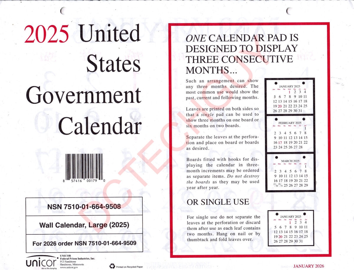 2025 US Government Wall Calendar single NSN 7501 01 664 9508 FAST SHIP 