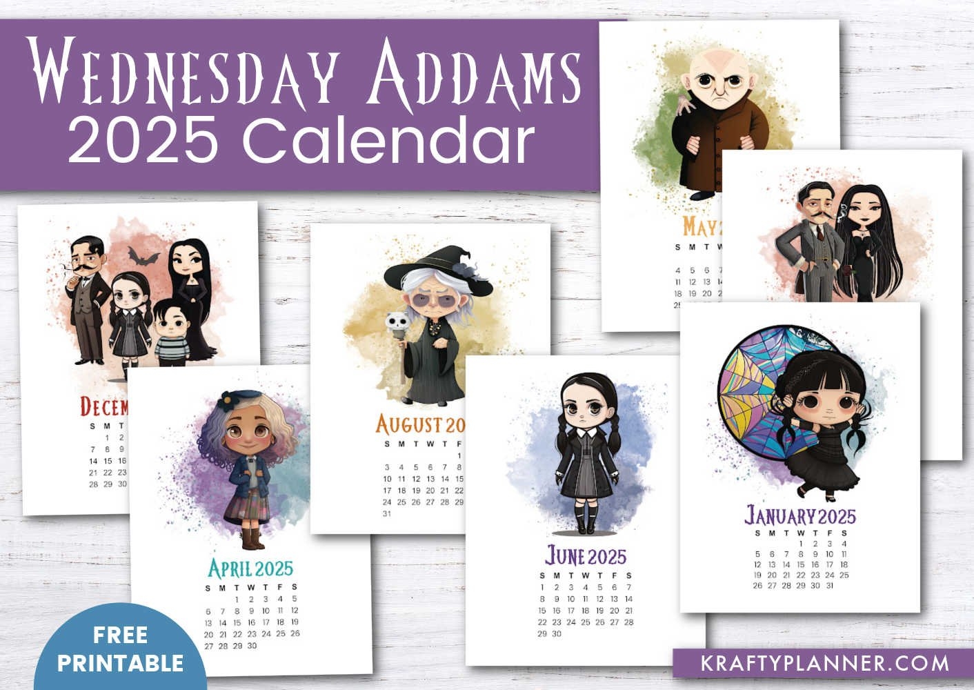 2025 Wednesday Addams Printable Calendar Krafty Planner